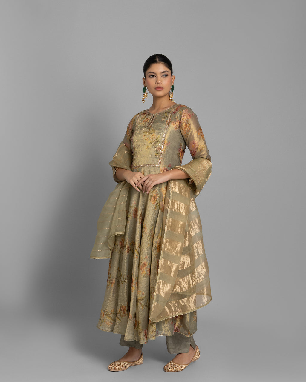 GREEN OLIVE PRINTED TISSUE ANARKALI SET