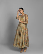 GREEN OLIVE PRINTED TISSUE ANARKALI SET