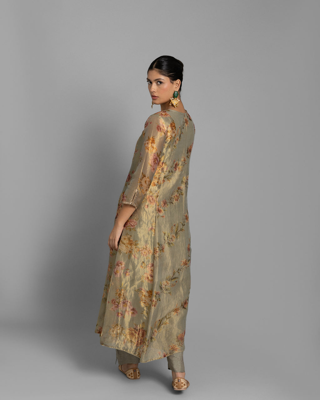 GREEN OLIVE PRINTED TISSUE ANARKALI SET