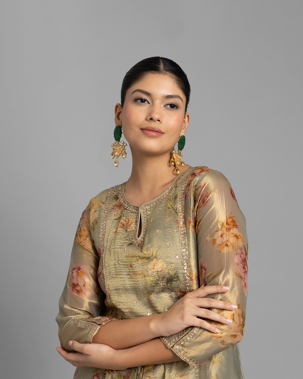 GREEN OLIVE PRINTED TISSUE ANARKALI SET