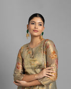 GREEN OLIVE PRINTED TISSUE ANARKALI SET
