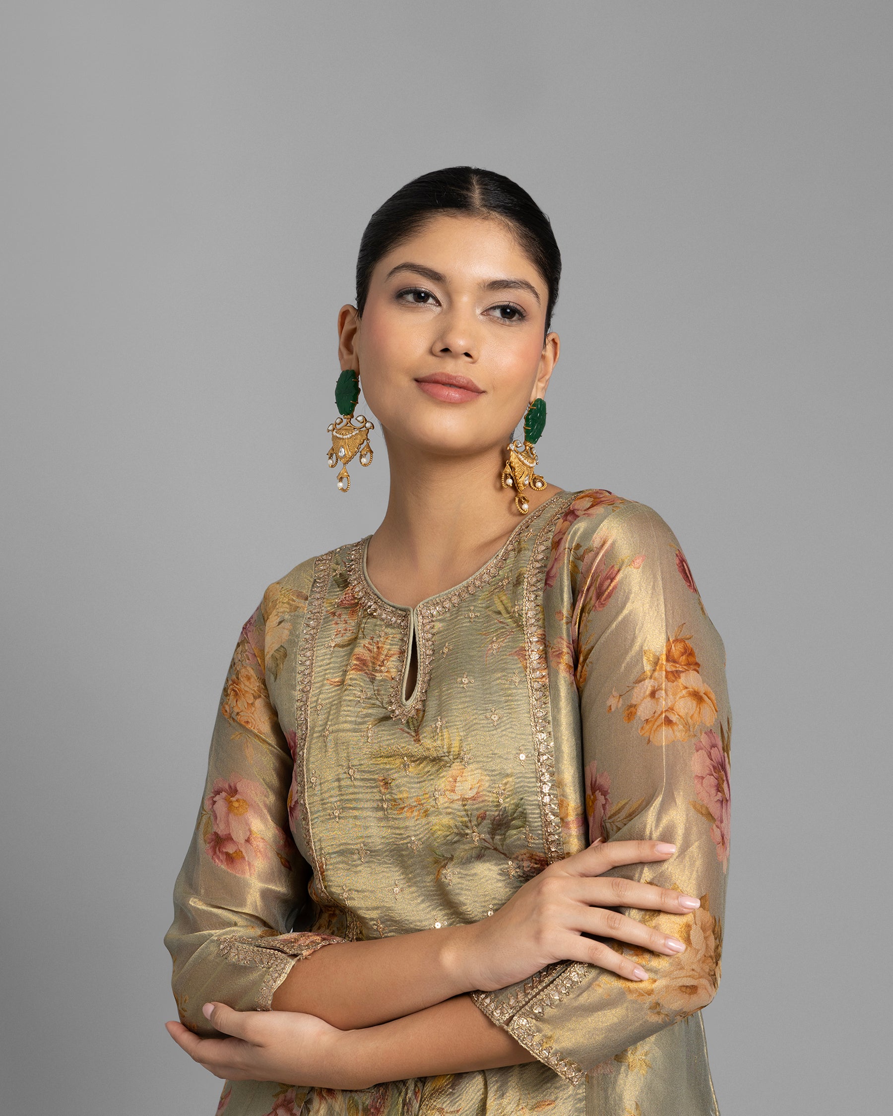 GREEN OLIVE PRINTED TISSUE ANARKALI SET