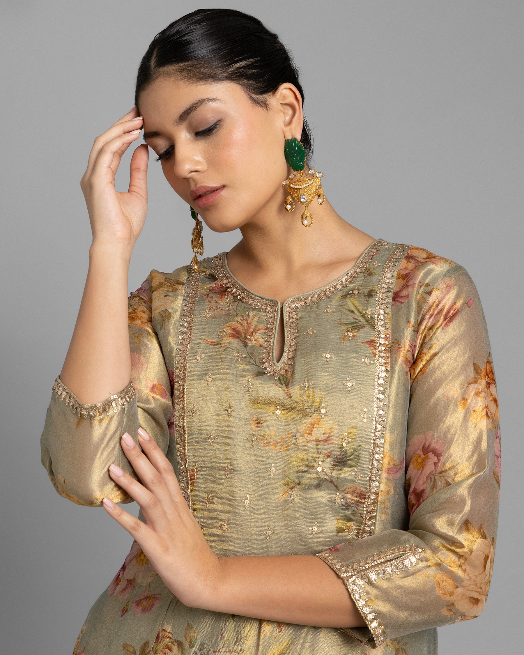 GREEN OLIVE PRINTED TISSUE ANARKALI SET