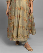 GREEN OLIVE PRINTED TISSUE ANARKALI SET