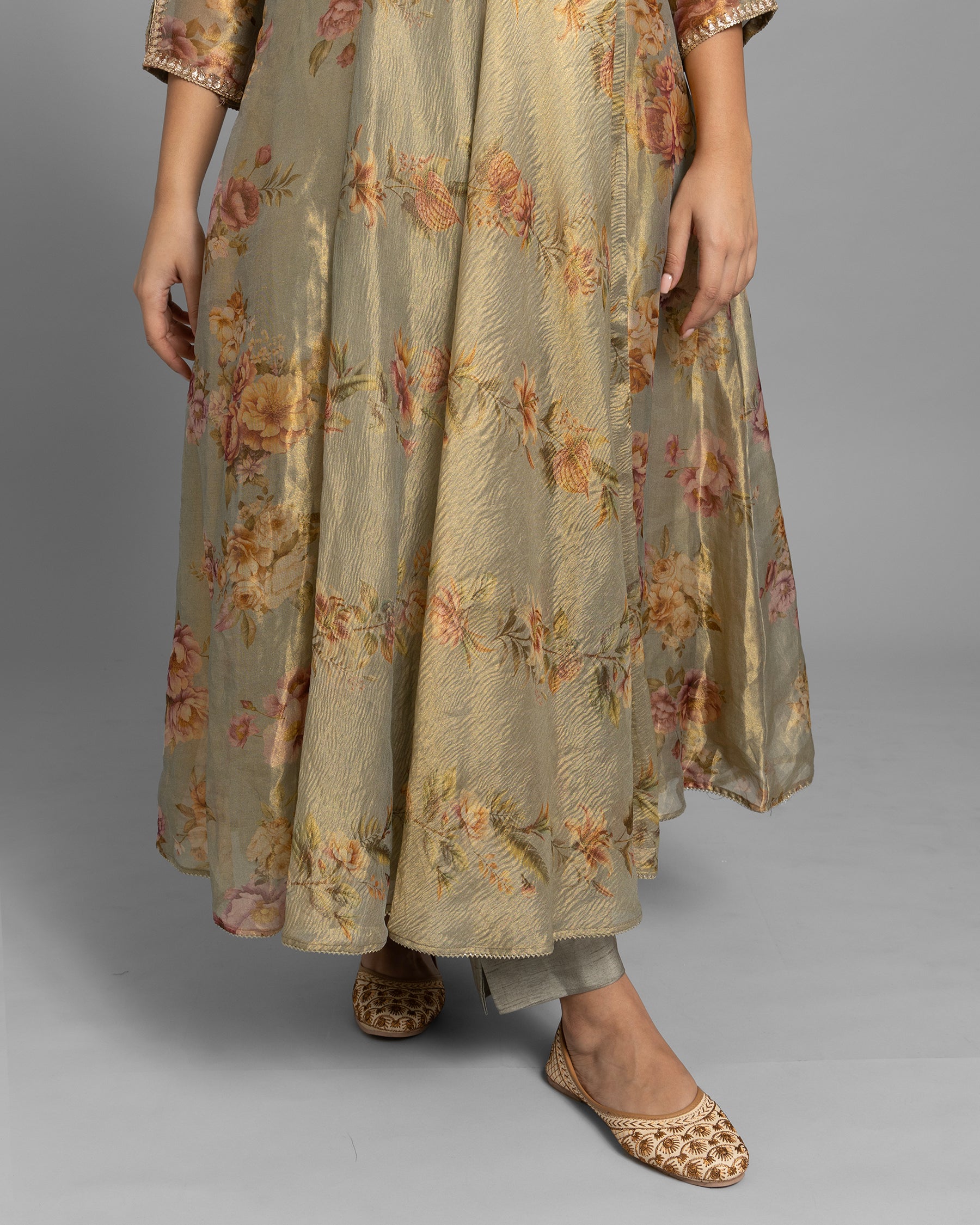 GREEN OLIVE PRINTED TISSUE ANARKALI SET