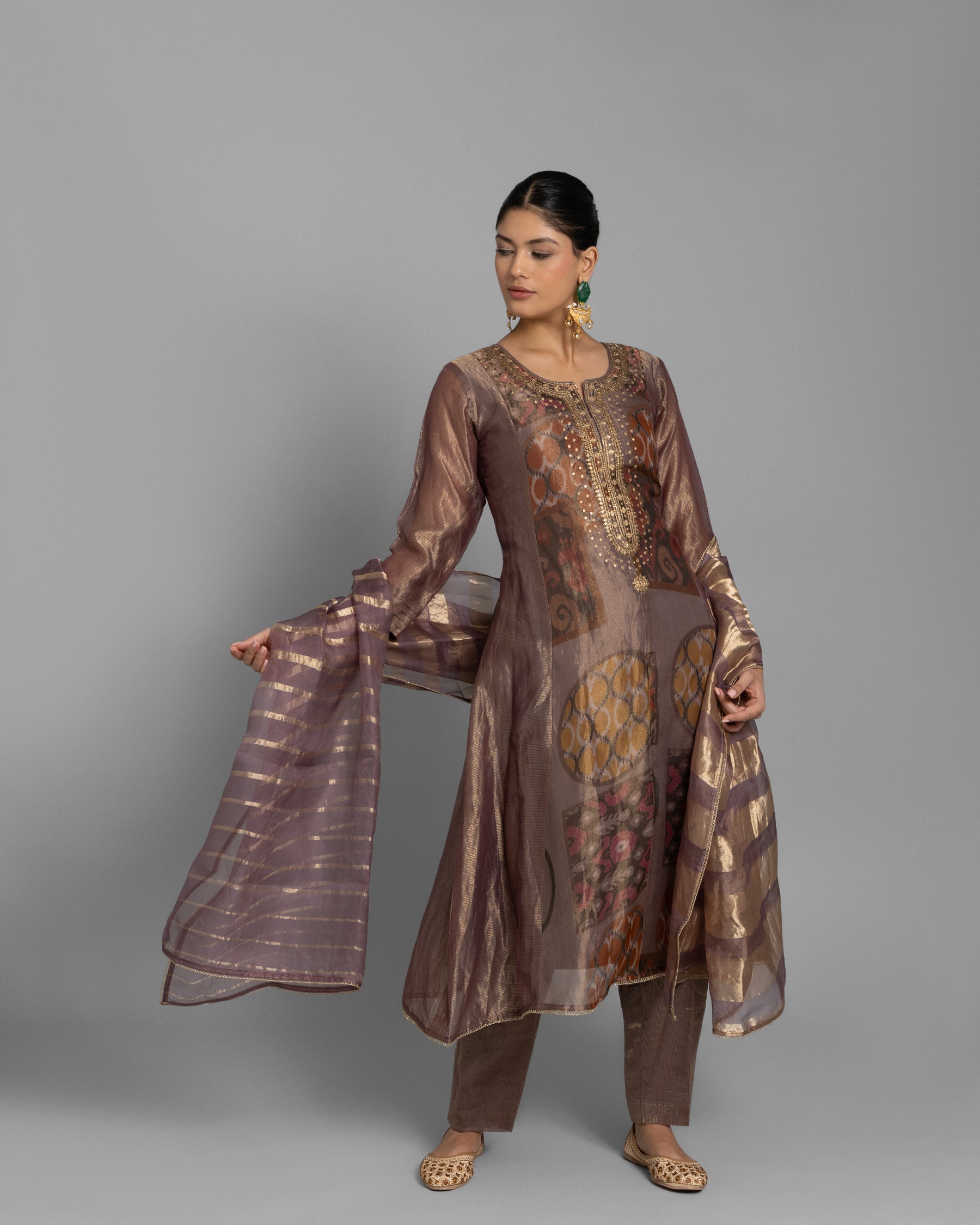 SIENNA BROWN ORGANZA-TISSUE ANARKALI SET