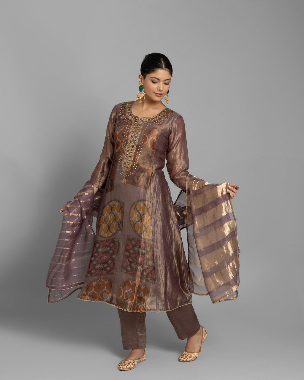 SIENNA BROWN ORGANZA-TISSUE ANARKALI SET