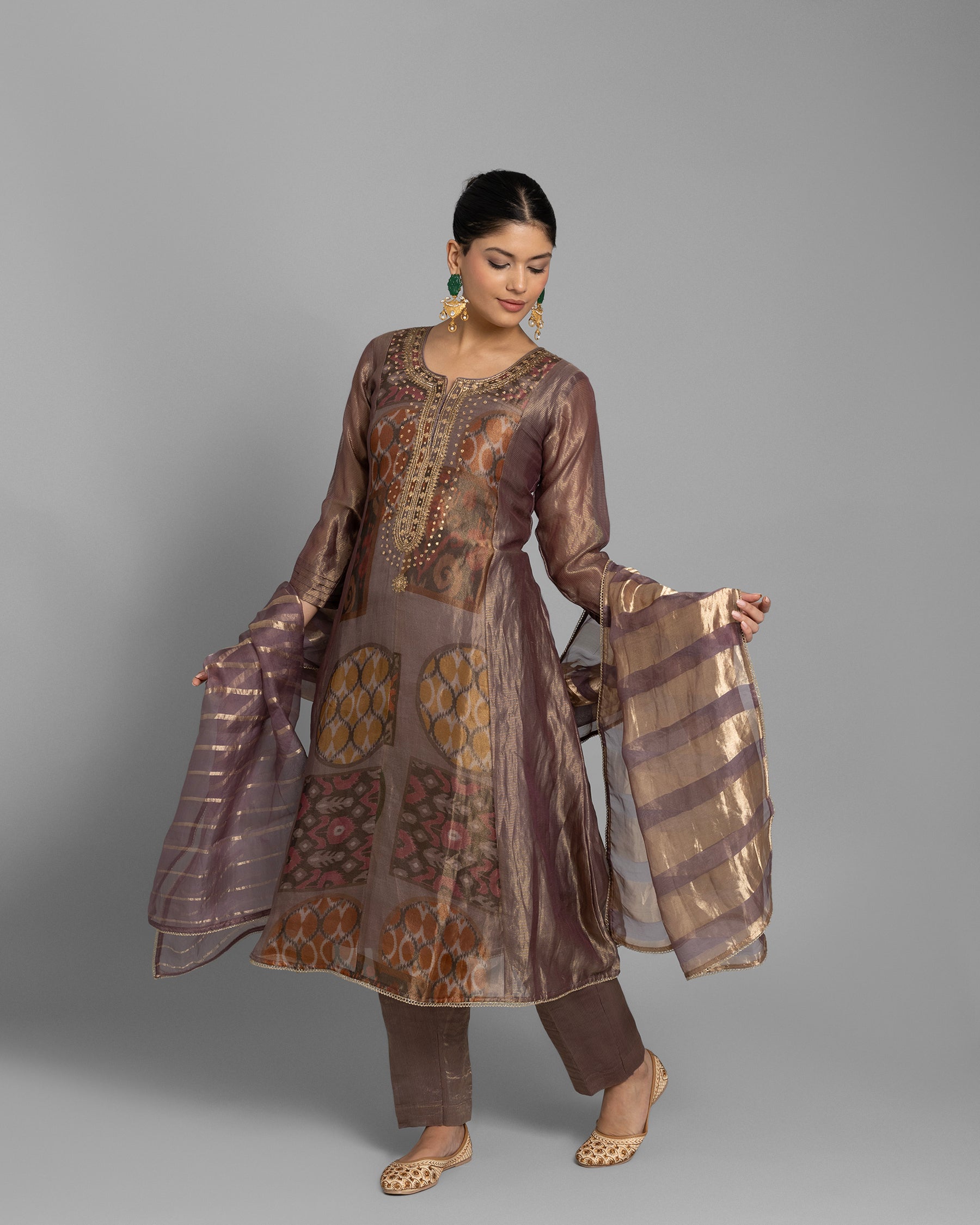 SIENNA BROWN ORGANZA-TISSUE ANARKALI SET