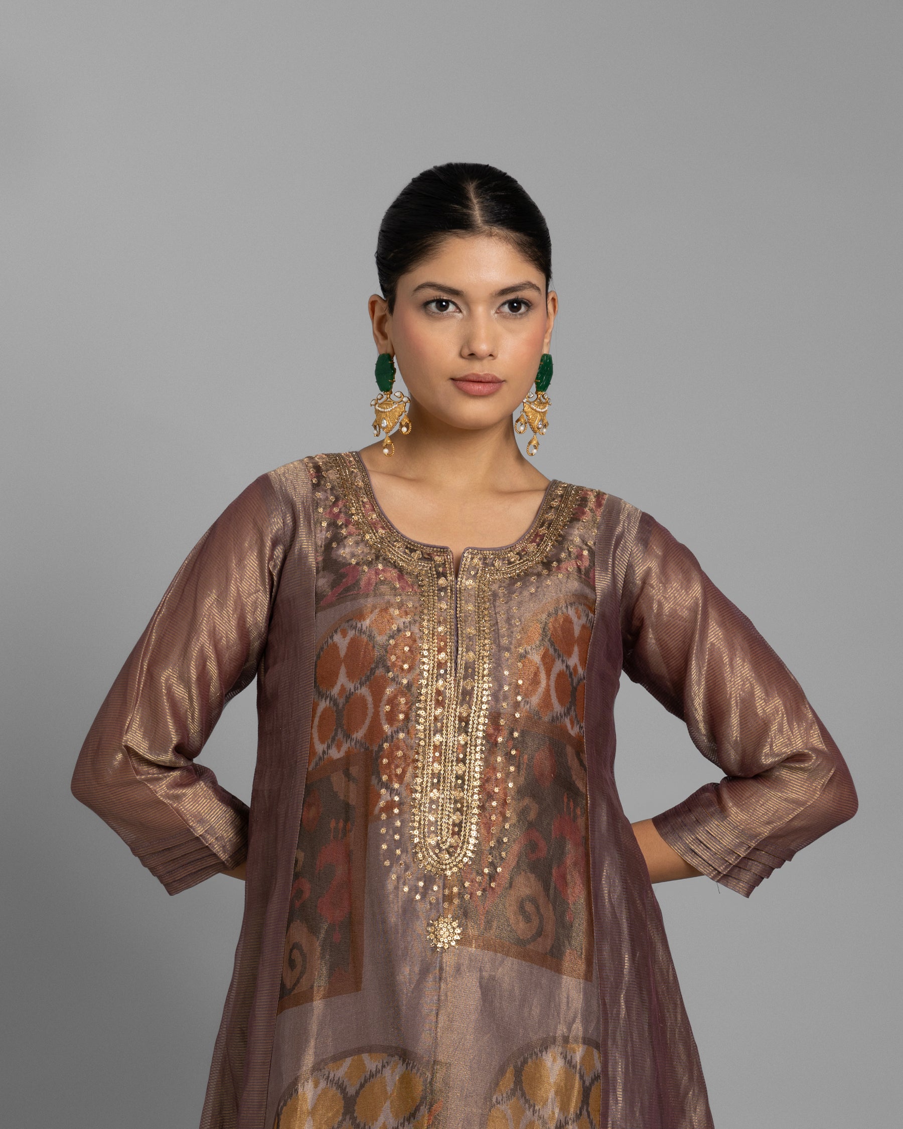 SIENNA BROWN ORGANZA-TISSUE ANARKALI SET