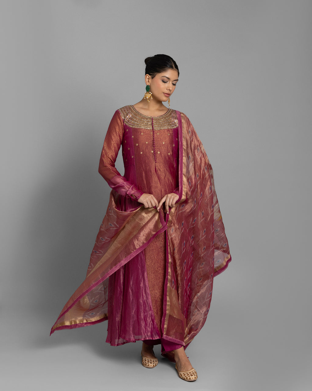 FUCHSIA ORGANZA-CRUSHED TISSUE ANARKALI SET