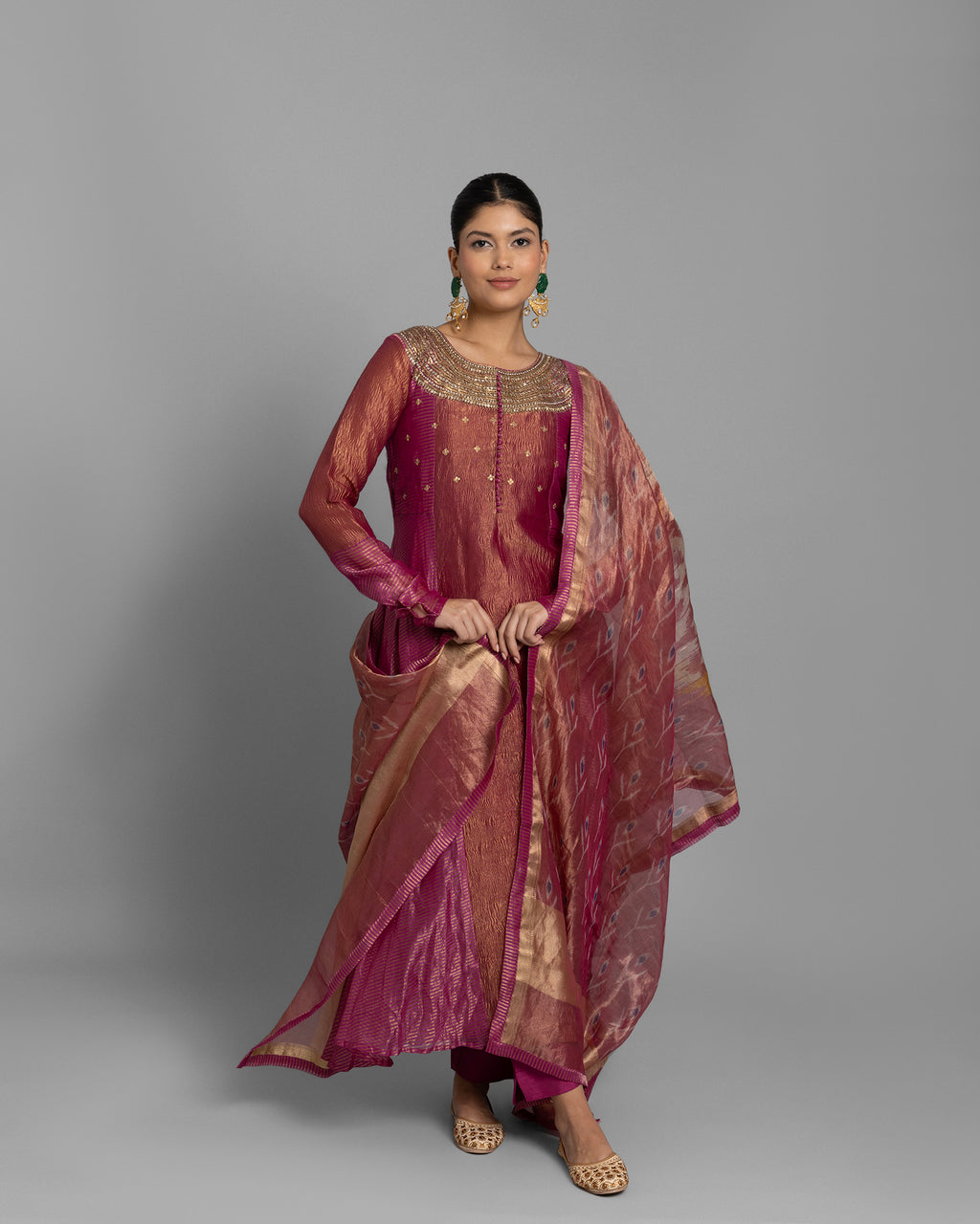 FUCHSIA ORGANZA-CRUSHED TISSUE ANARKALI SET
