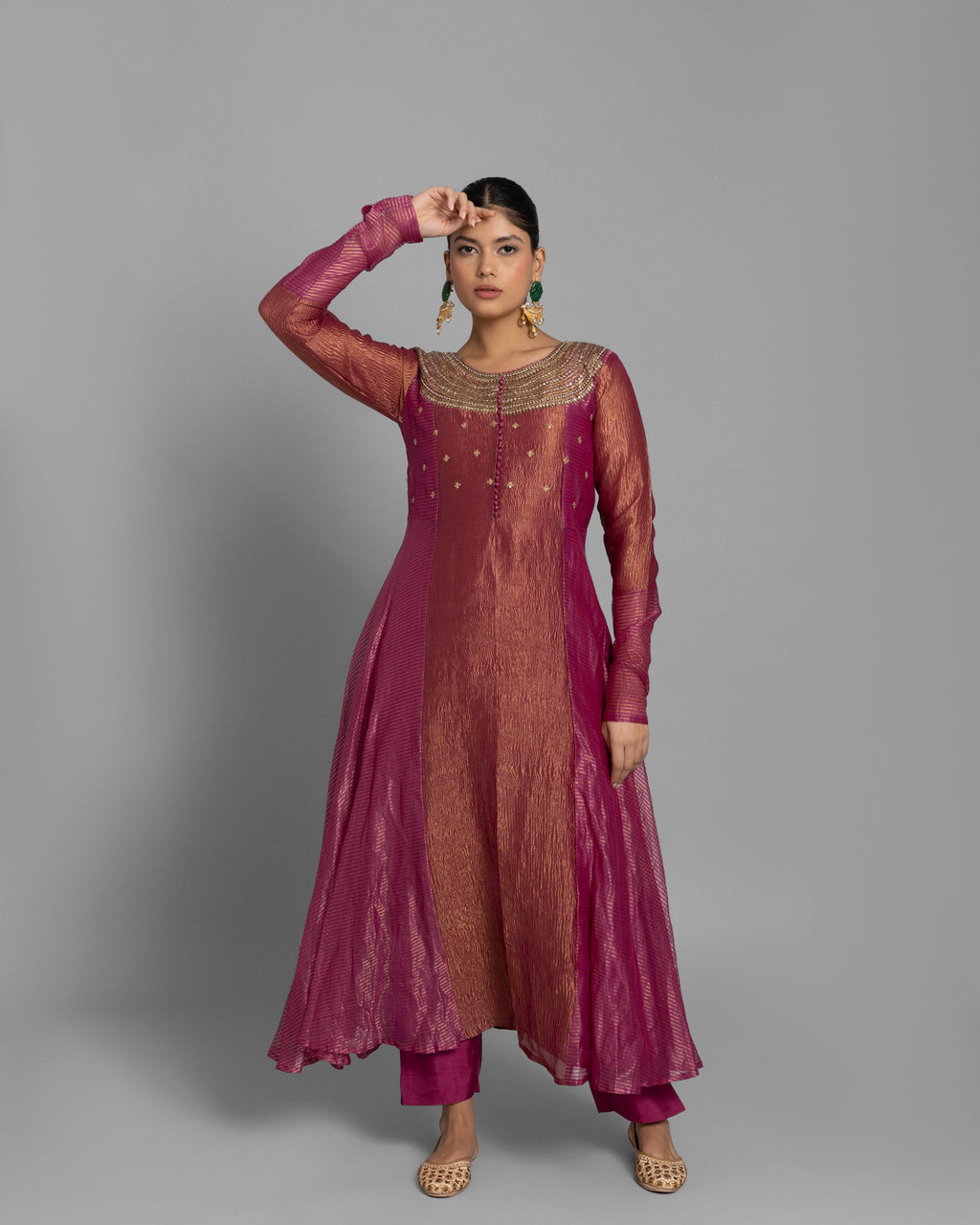FUCHSIA ORGANZA-CRUSHED TISSUE ANARKALI SET
