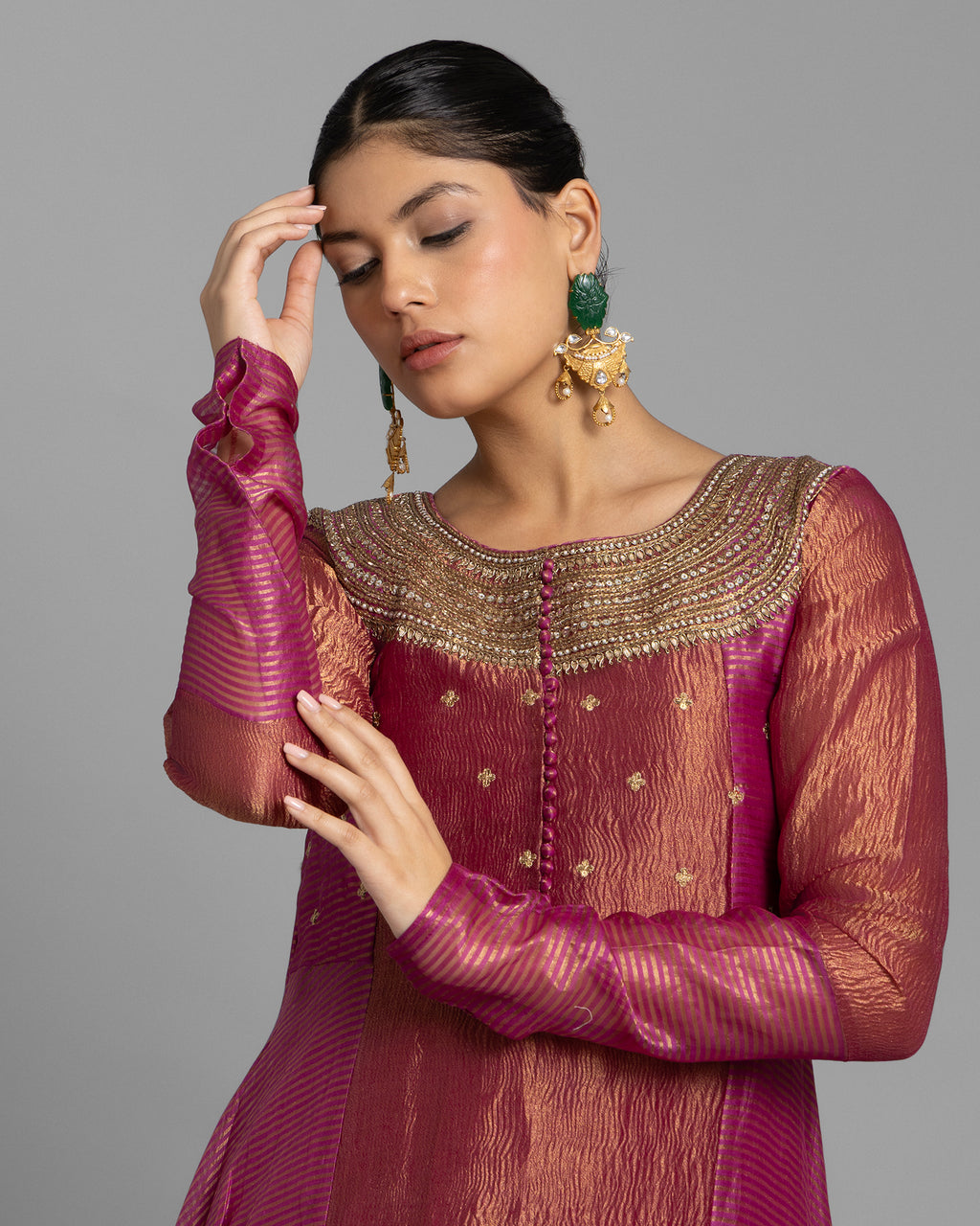 FUCHSIA ORGANZA-CRUSHED TISSUE ANARKALI SET