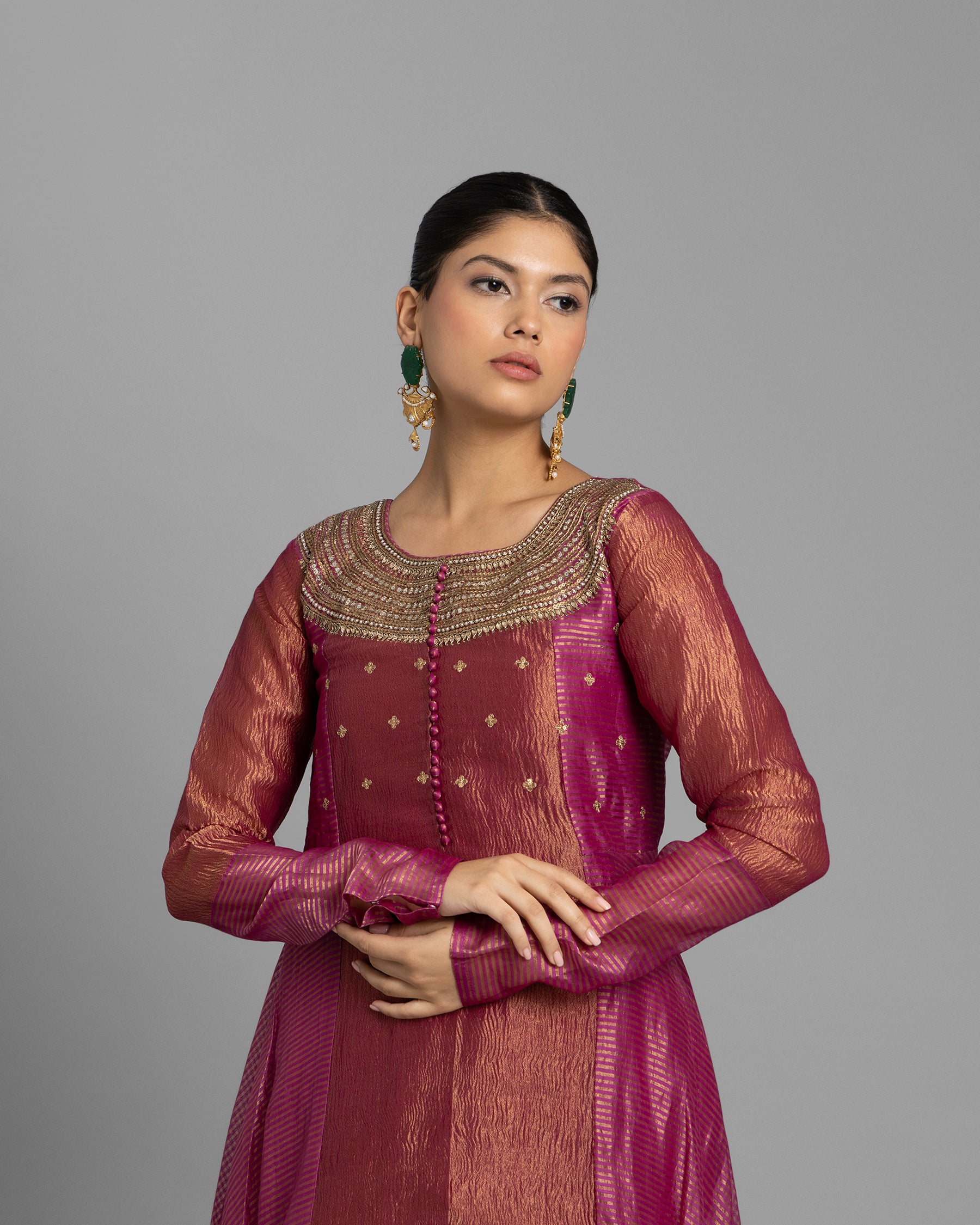FUCHSIA ORGANZA-CRUSHED TISSUE ANARKALI SET