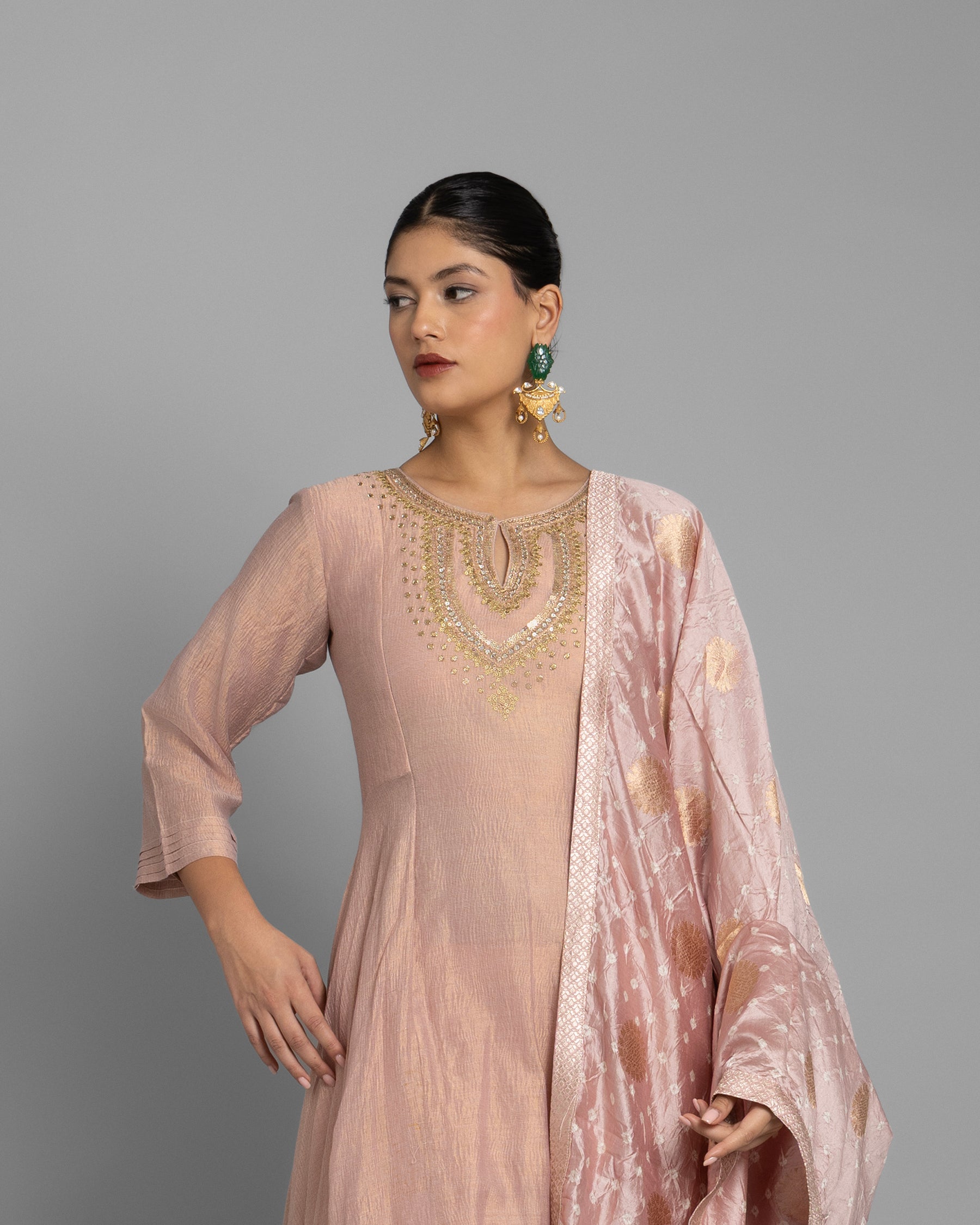 CRUSHED TISSUE ANARKALI WITH BANDHEJ DUPATTA