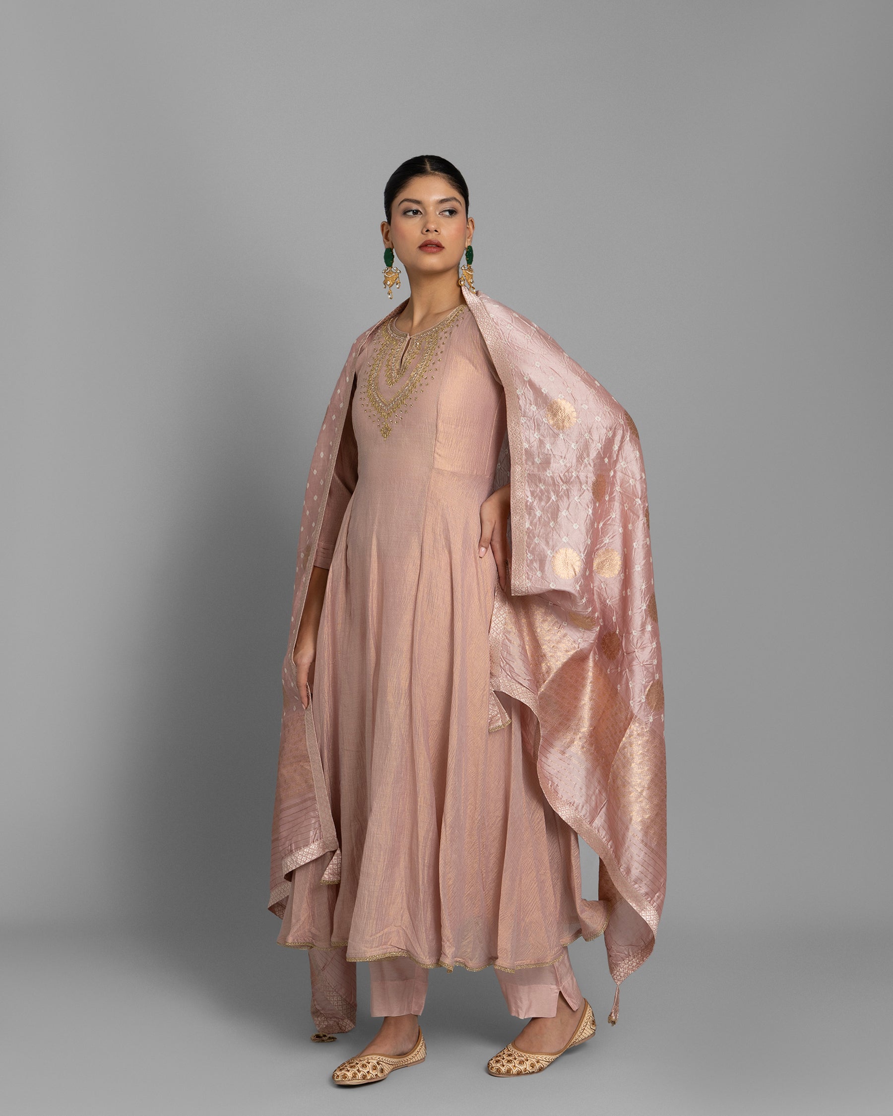 CRUSHED TISSUE ANARKALI WITH BANDHEJ DUPATTA