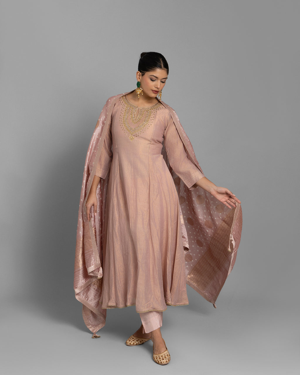 CRUSHED TISSUE ANARKALI WITH BANDHEJ DUPATTA