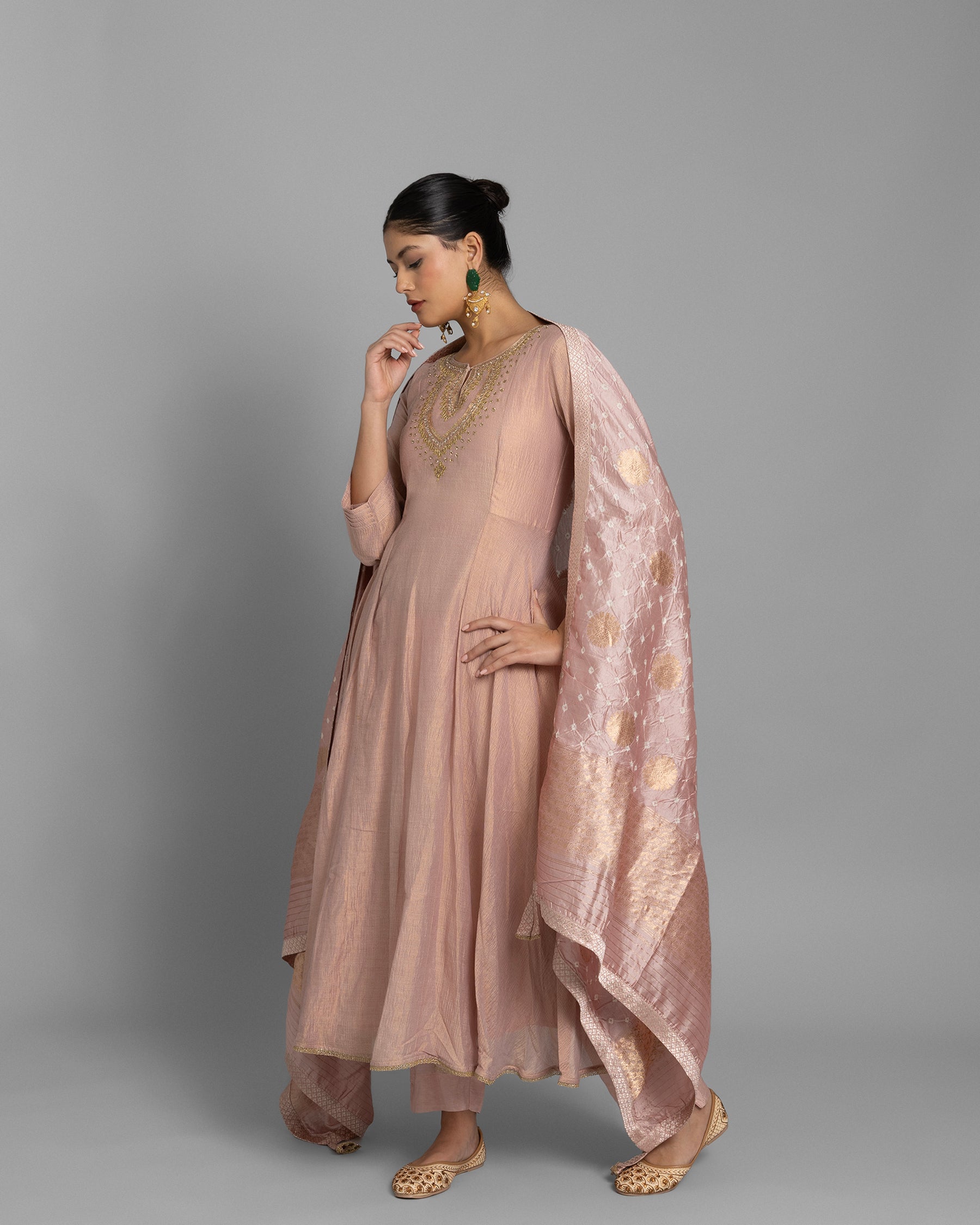 CRUSHED TISSUE ANARKALI WITH BANDHEJ DUPATTA