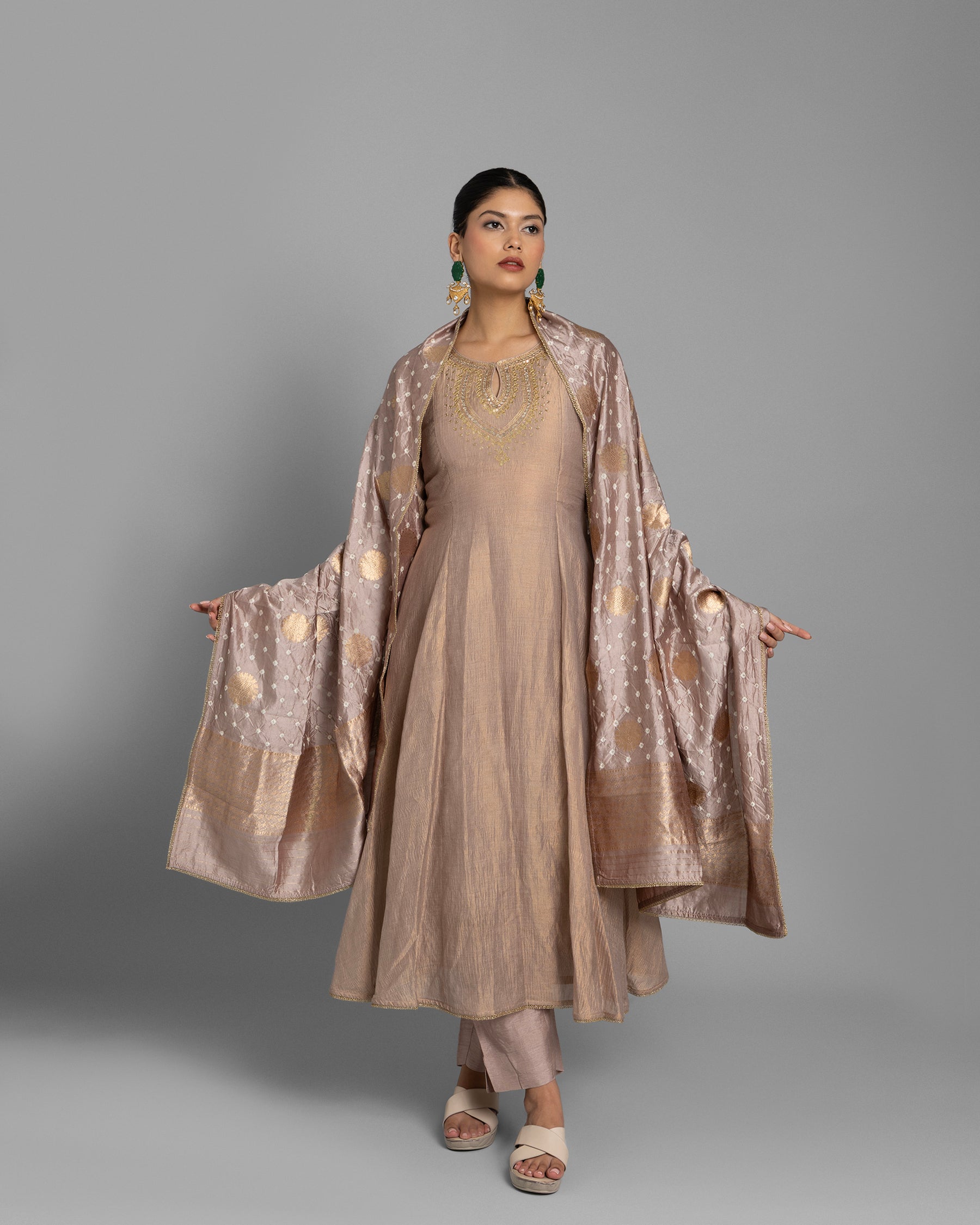 CRUSHED TISSUE ANARKALI WITH BANDHEJ DUPATTA