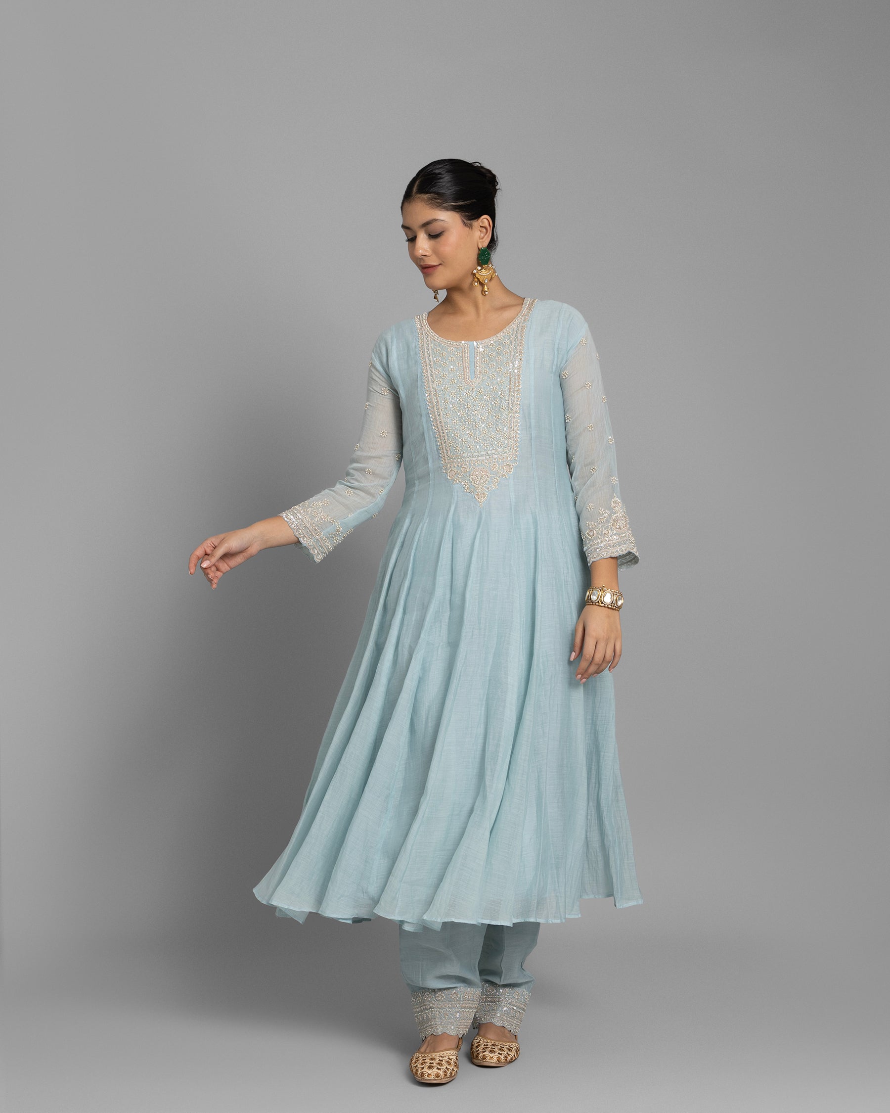 MIST BLUE MULMUL ANARKALI SET