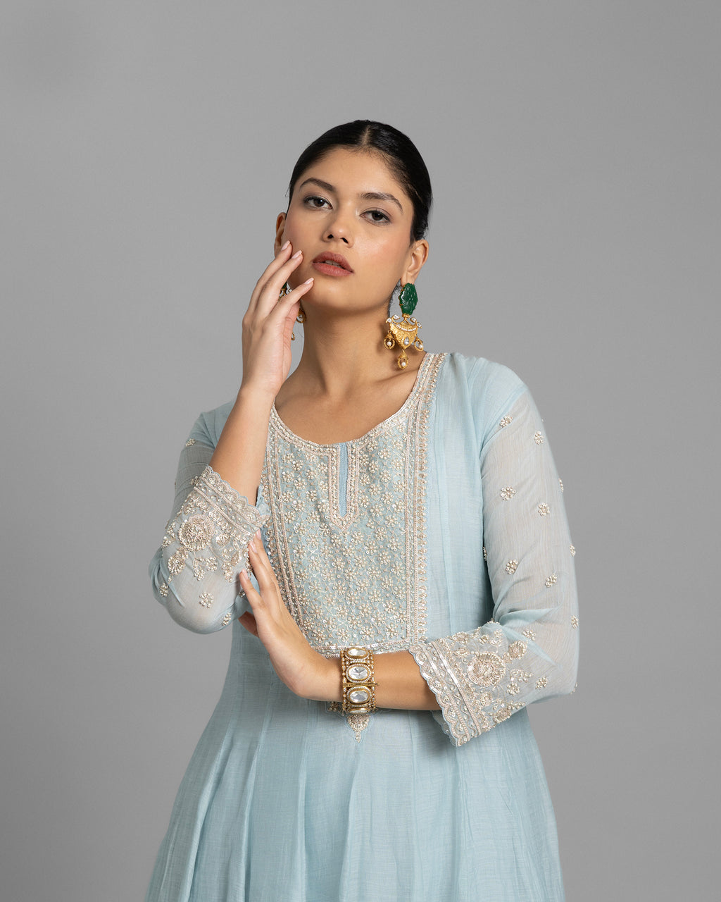 MIST BLUE MULMUL ANARKALI SET