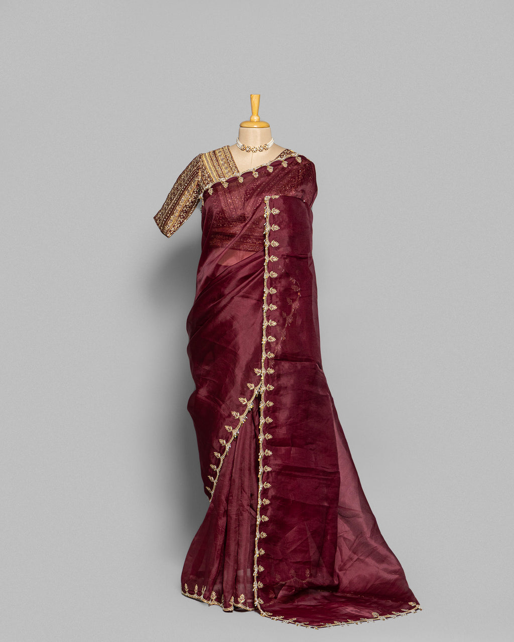 WINE ORGANZA SAREE WITH BANARASI WOVEN BLOUSE