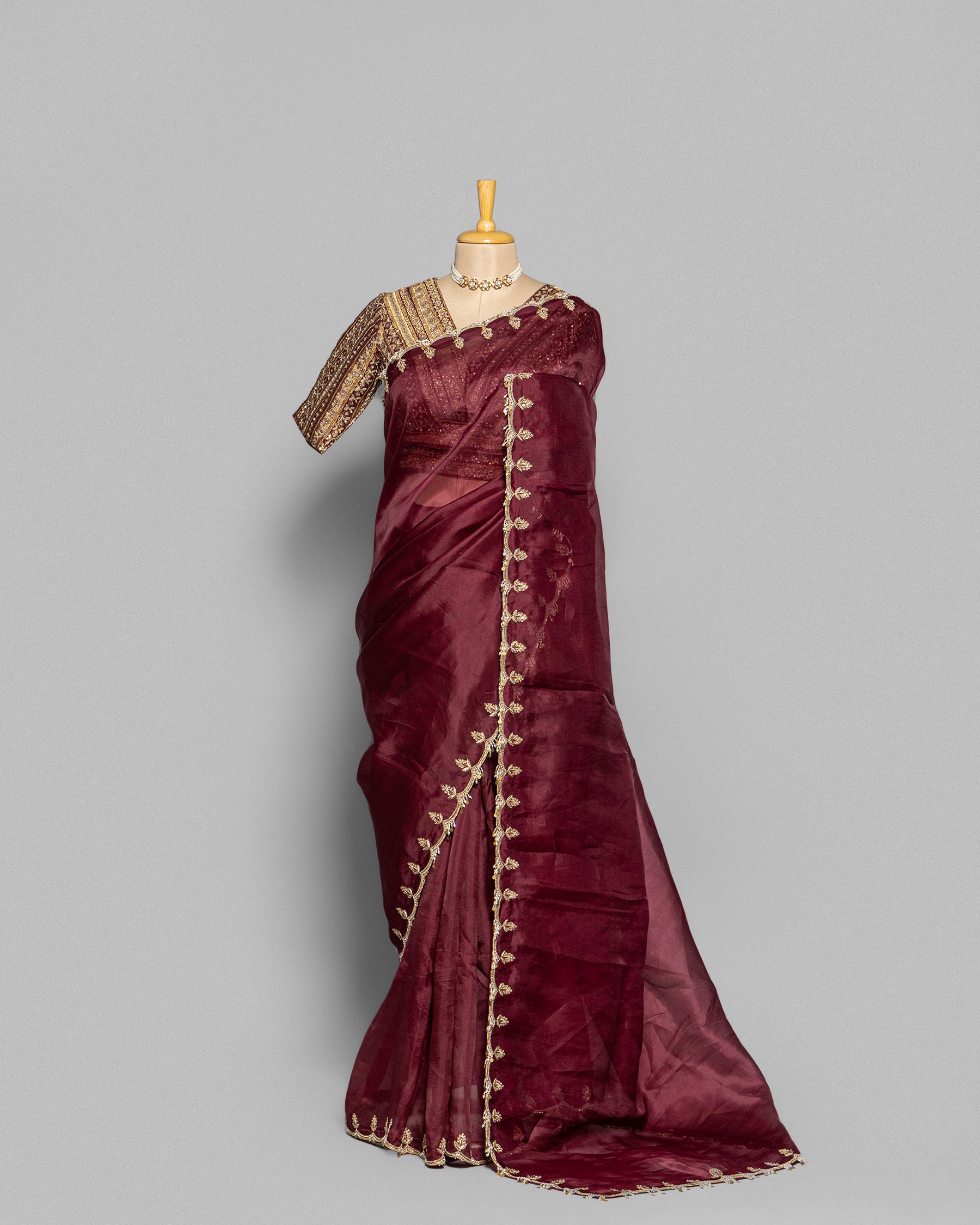 WINE ORGANZA SAREE WITH BANARASI WOVEN BLOUSE