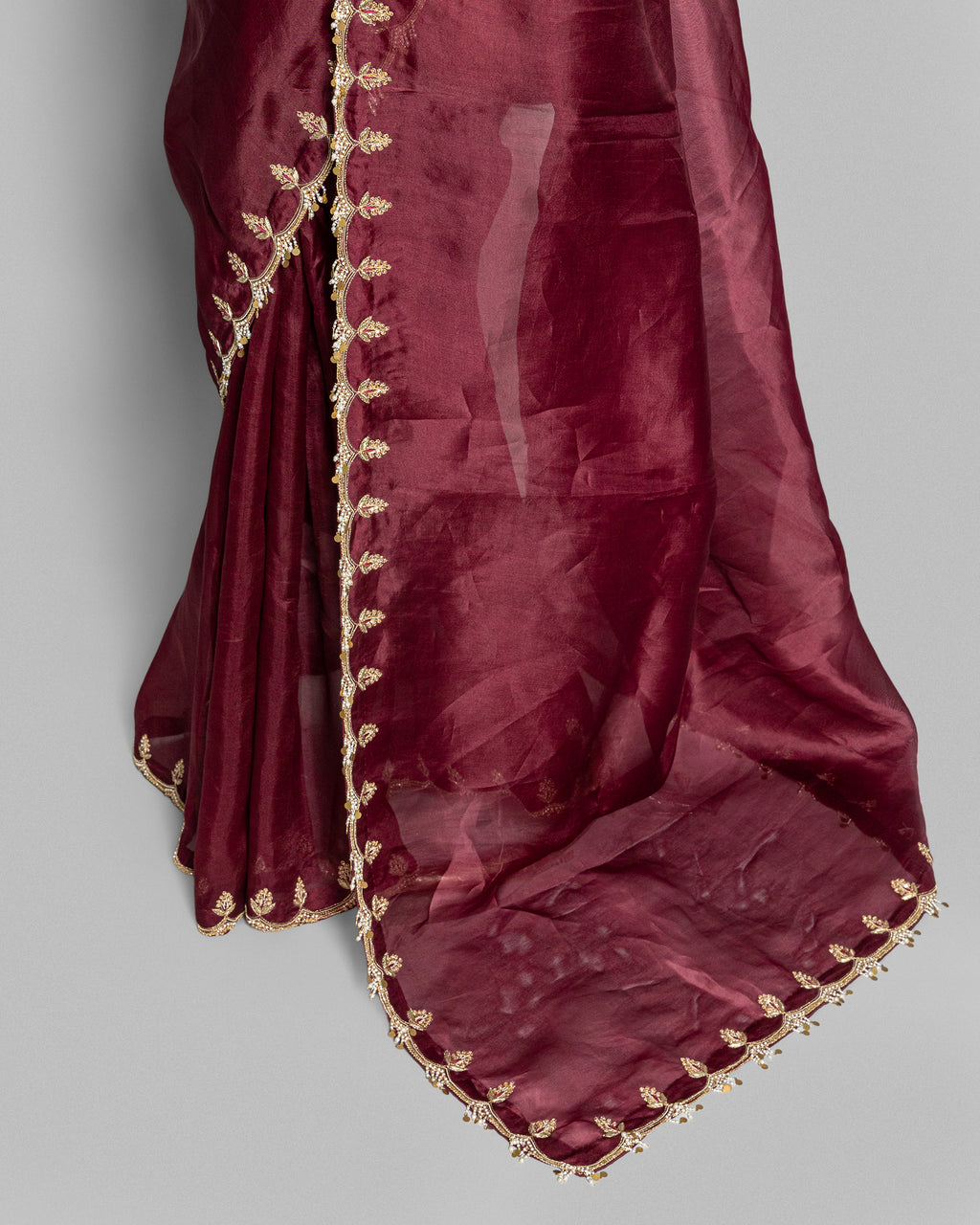 WINE ORGANZA SAREE WITH BANARASI WOVEN BLOUSE