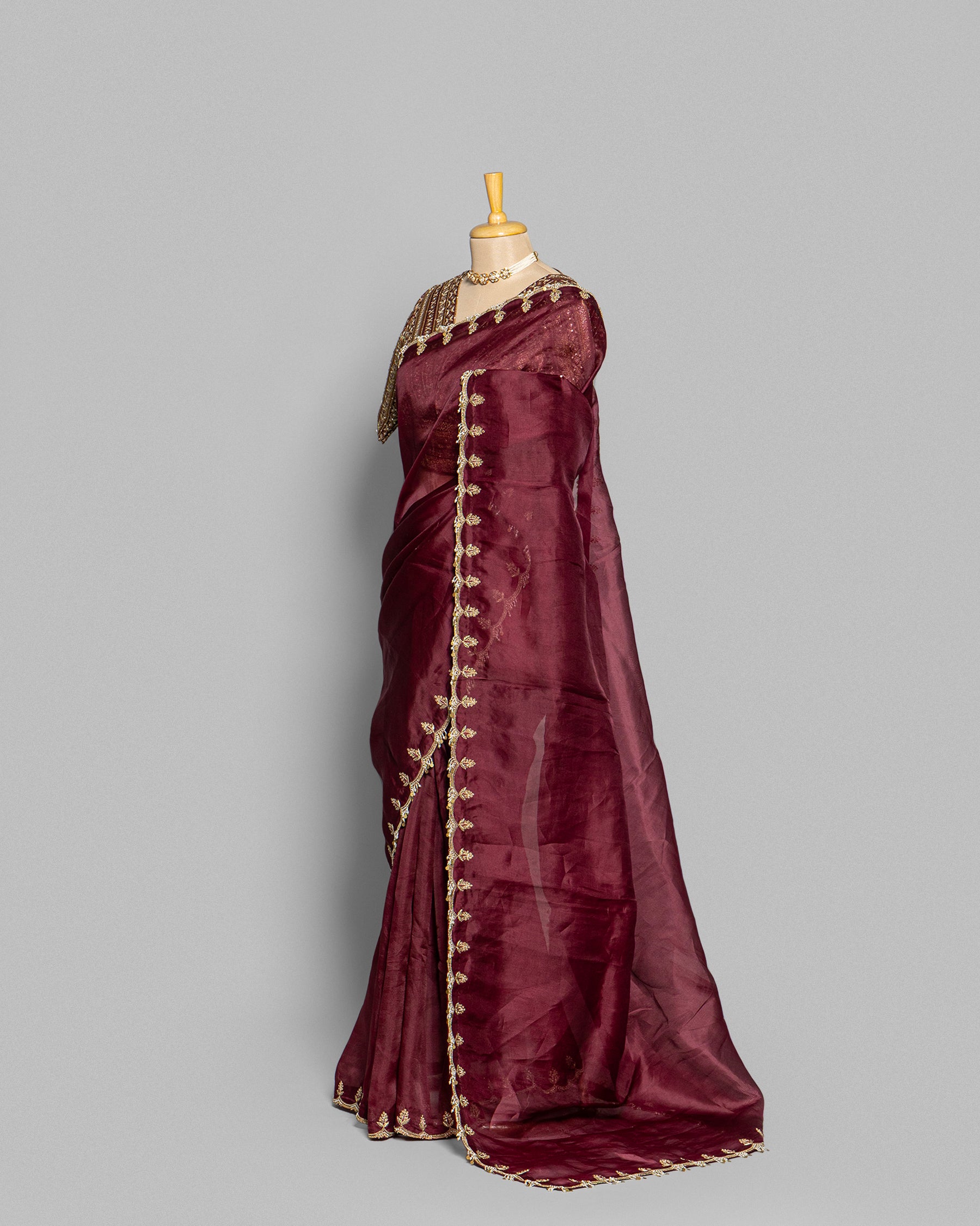 WINE ORGANZA SAREE WITH BANARASI WOVEN BLOUSE