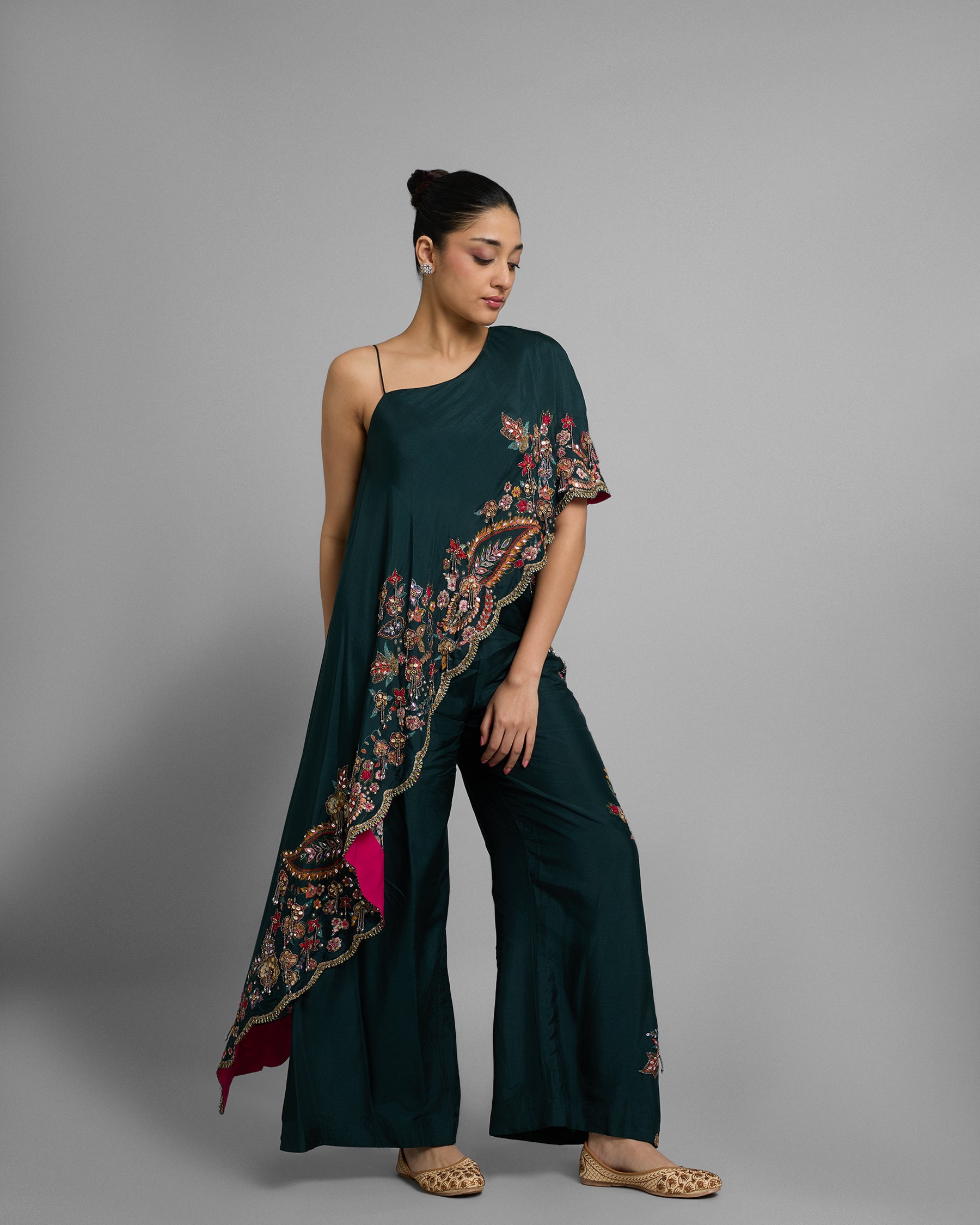 POISON GREEN ASYMMETRIC ONE-SHOULDER ENSEMBLE