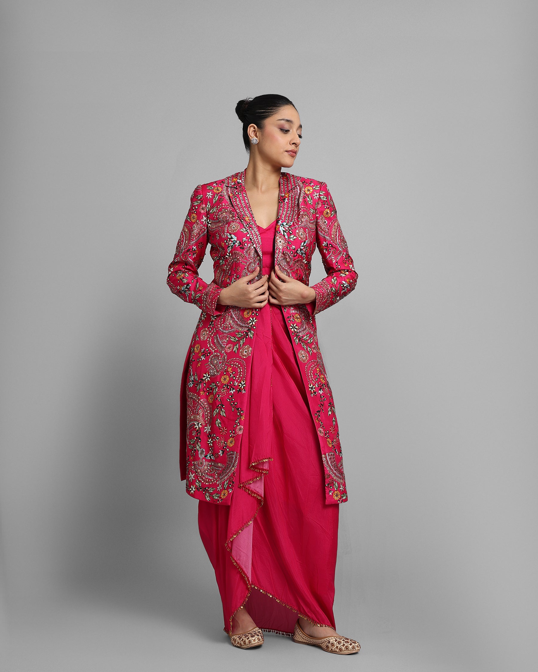 RANI PINK PRINTED LONG JACKET SET