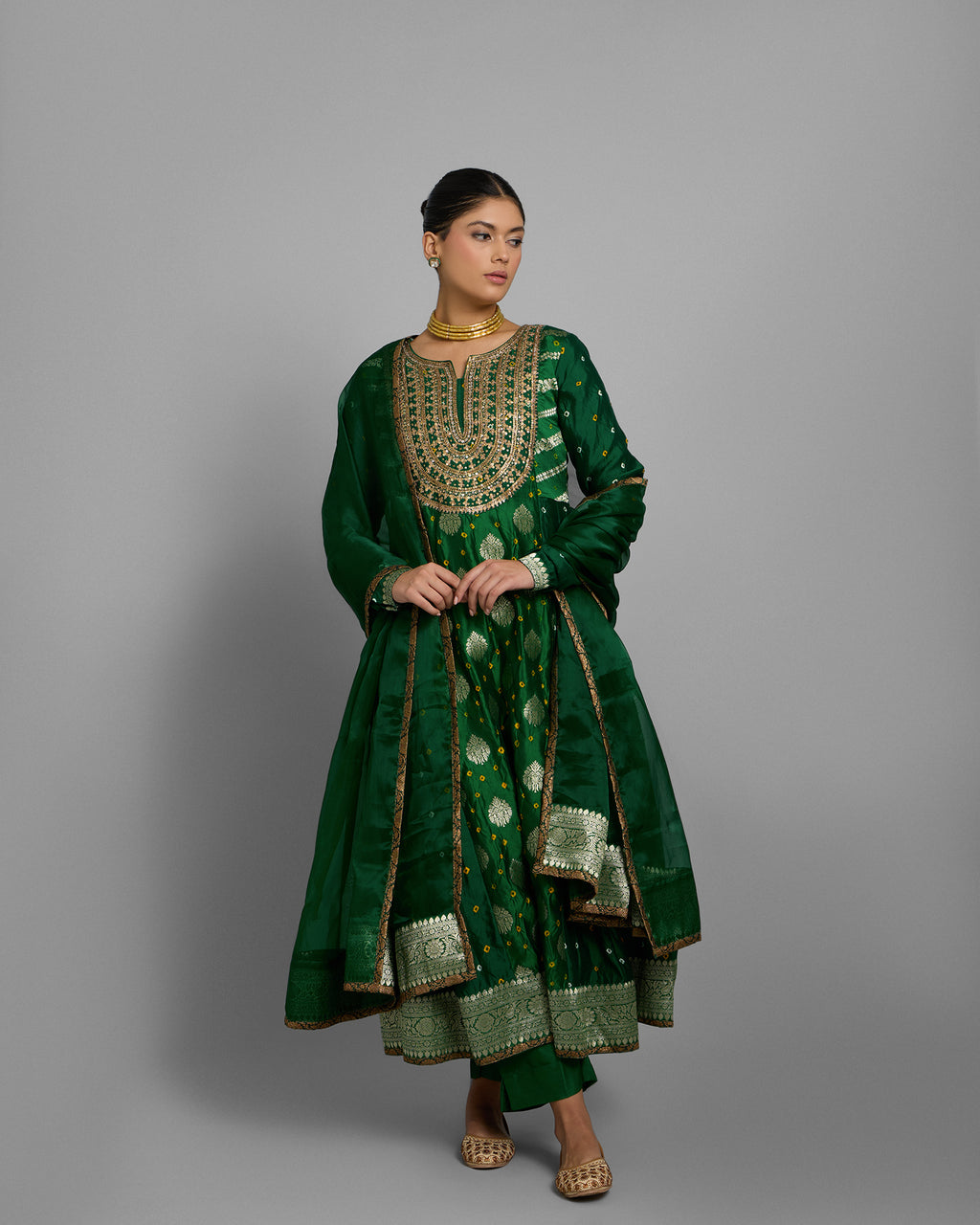 EMERALD GREEN BANARASI BANDHEJ ANARKALI SET