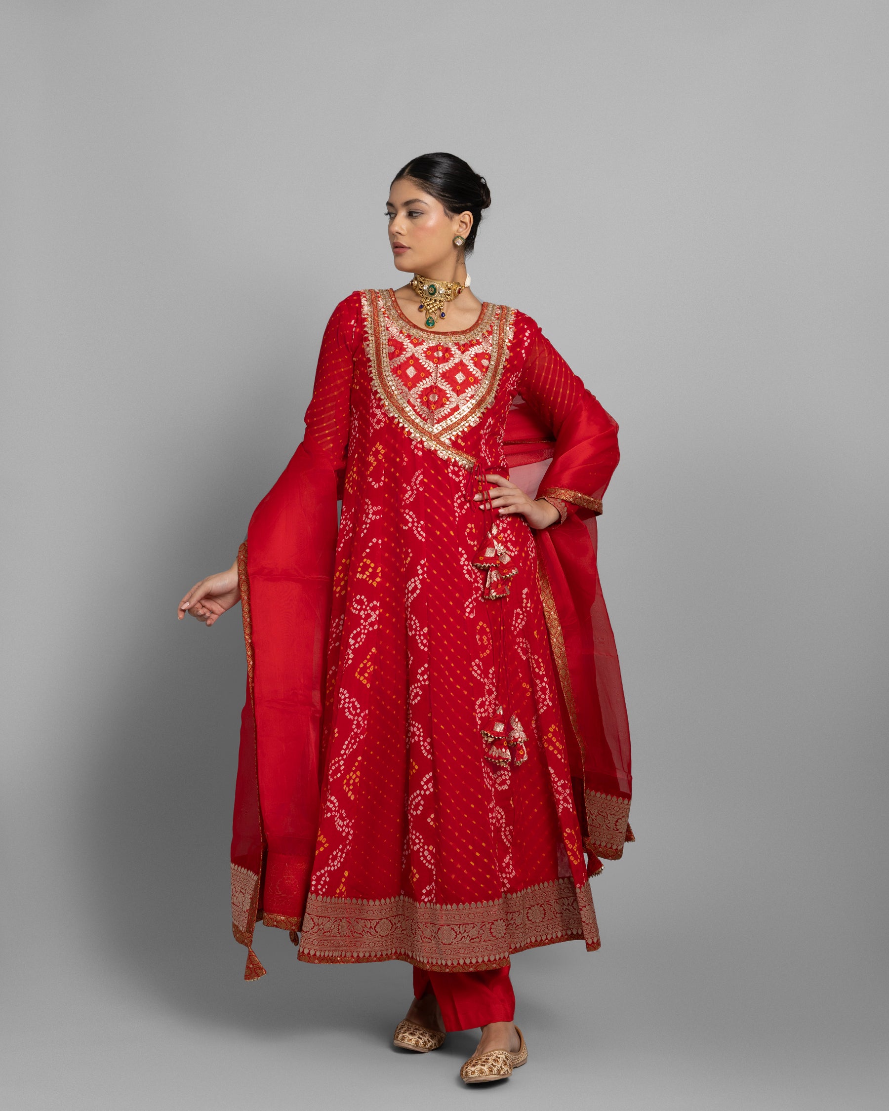 CRIMSON BANARASI BANDHEJ ANGARAKHA ANARKALI ENSEMBLE
