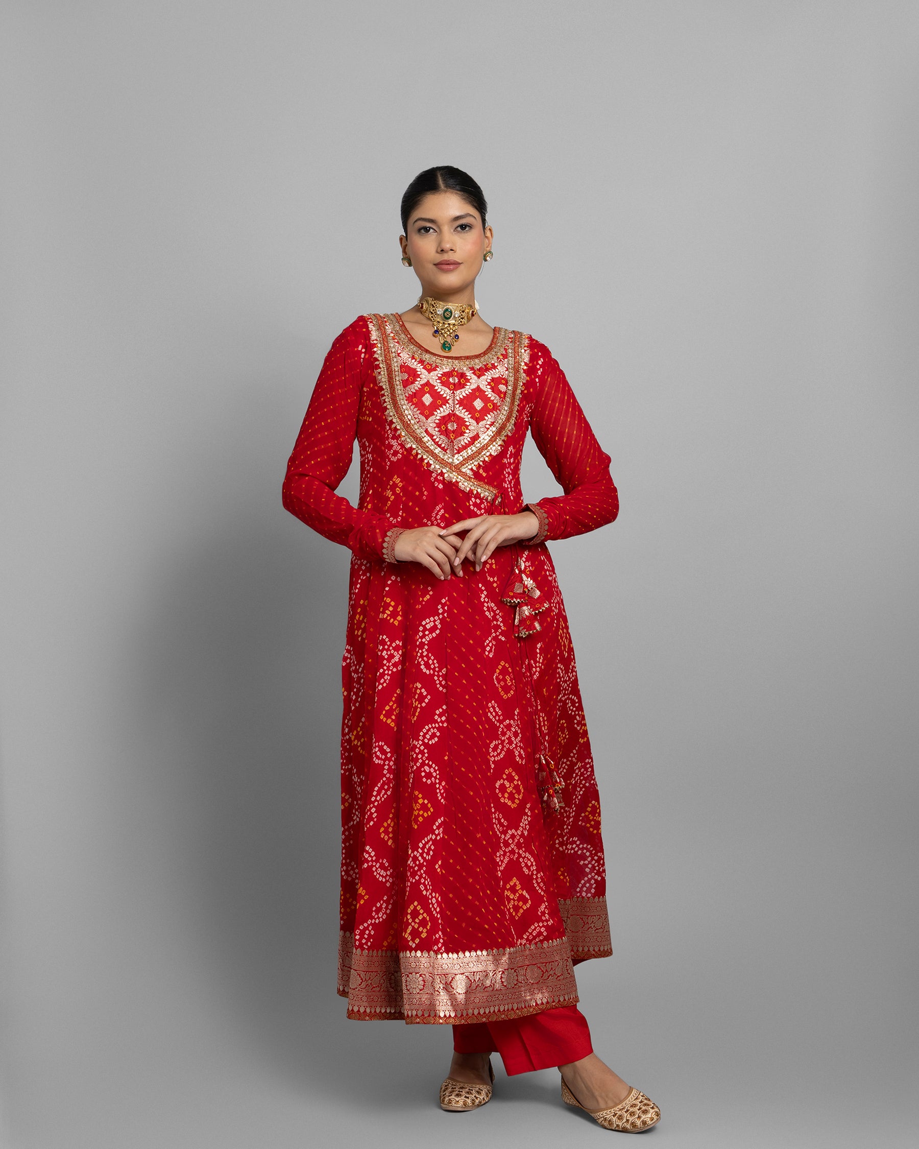 CRIMSON BANARASI BANDHEJ ANGARAKHA ANARKALI ENSEMBLE
