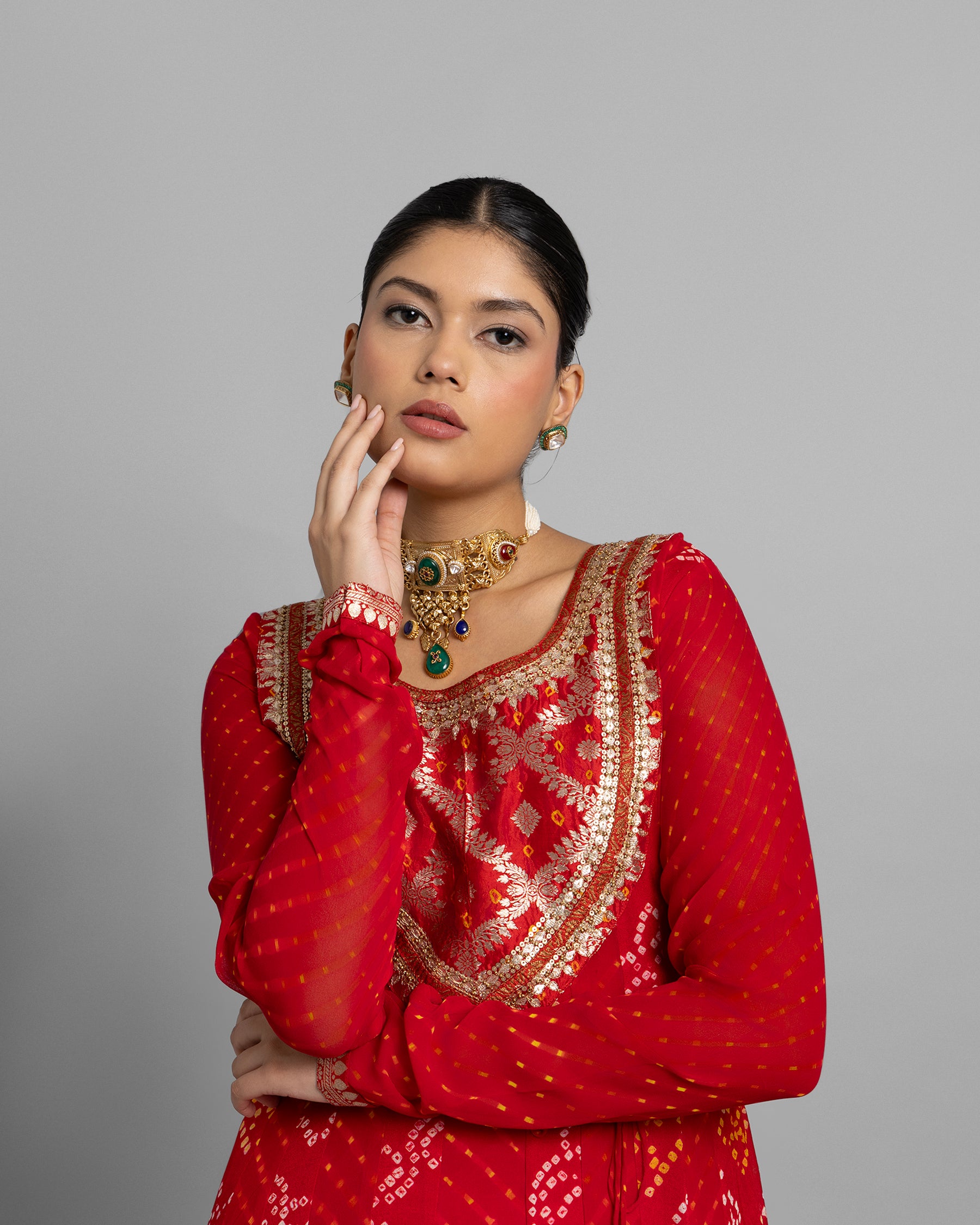 CRIMSON BANARASI BANDHEJ ANGARAKHA ANARKALI ENSEMBLE