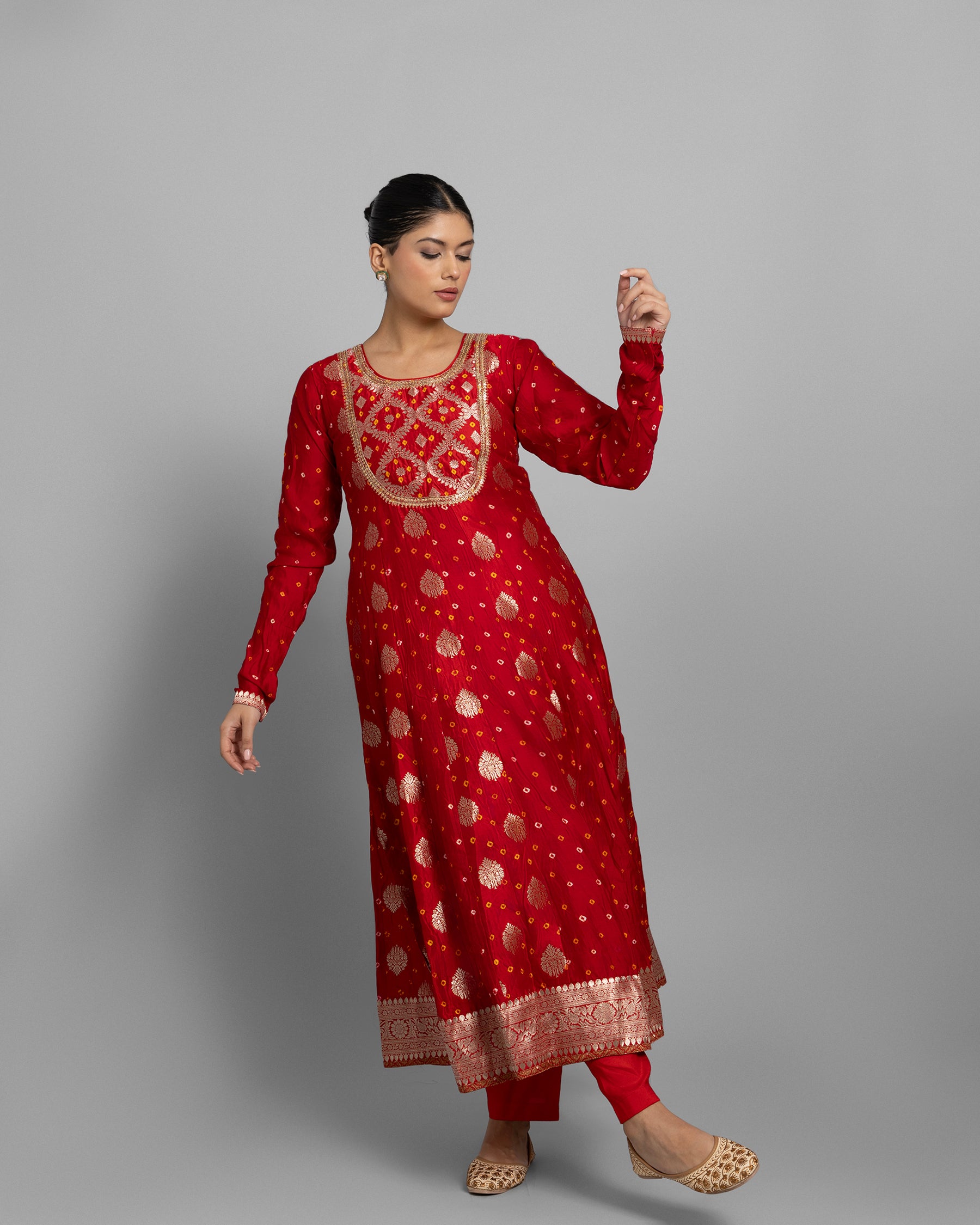 CRIMSON BANARASI BANDHEJ ANGARAKHA ANARKALI ENSEMBLE