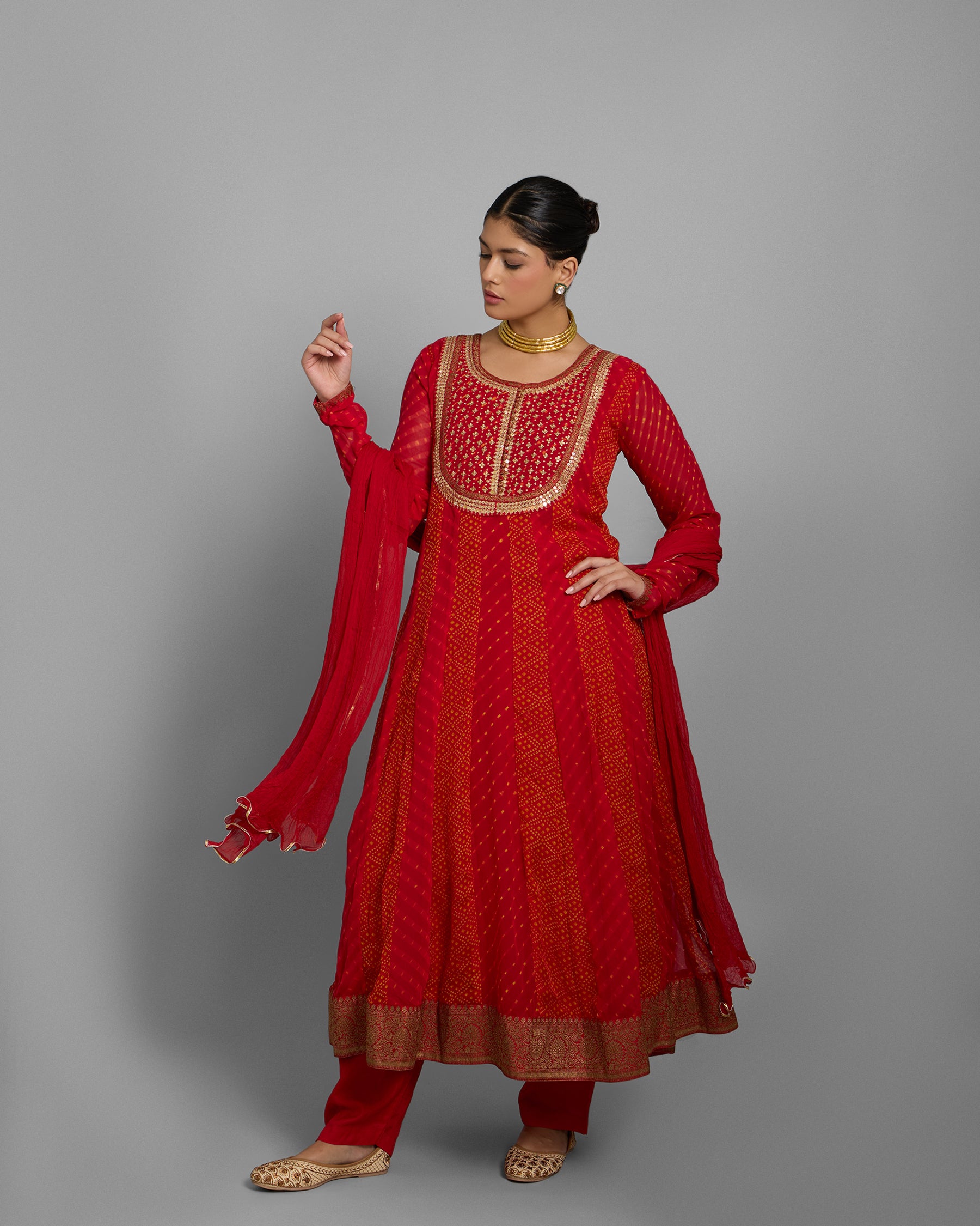 RED CHIFFON GEORGETTE ANARKALI ENSEMBLE