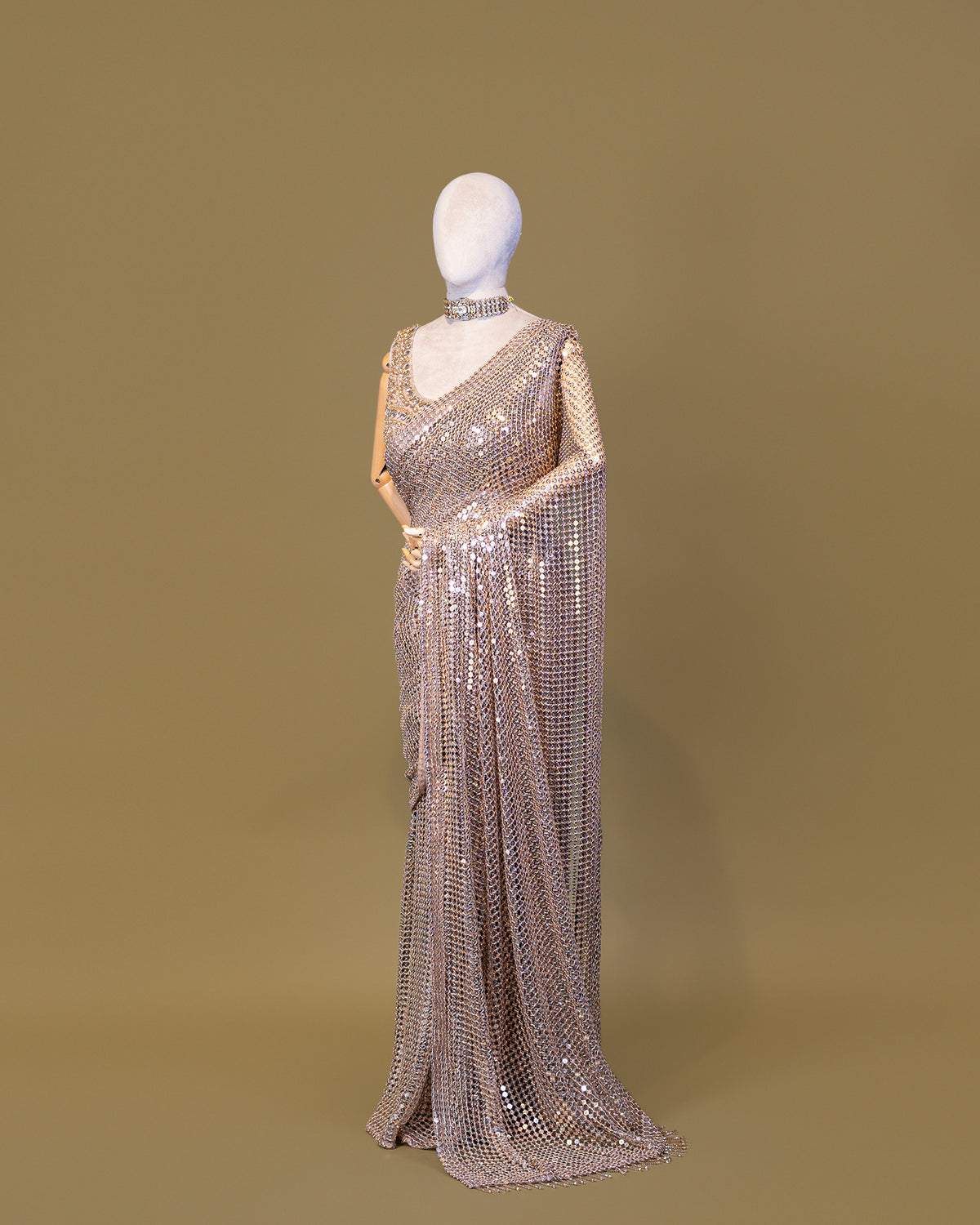 CHAMPAGNE GOLD EMBELLISHED MESH SAREE