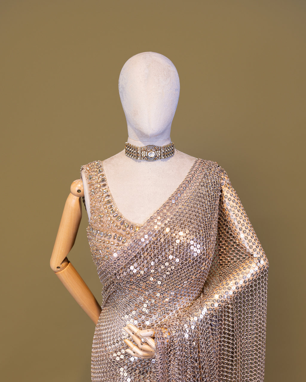 CHAMPAGNE GOLD EMBELLISHED MESH SAREE