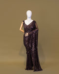MOCHA BROWN EMBELLISHED SEQUINED MESH SAREE