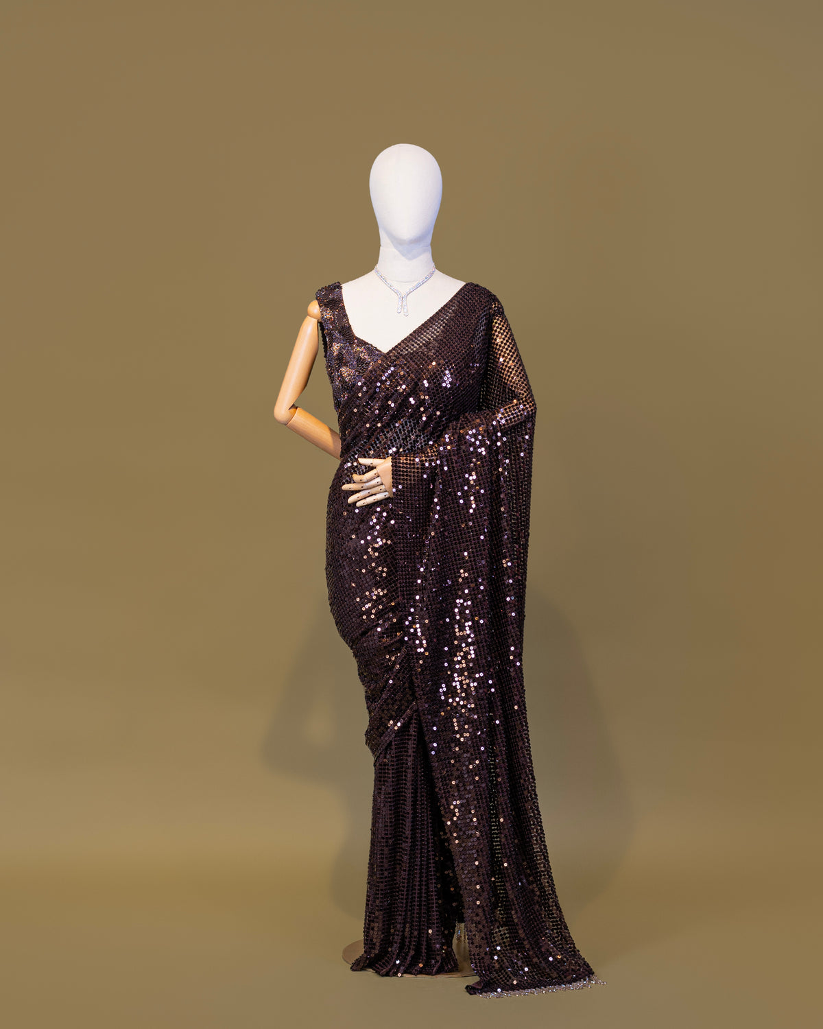 MOCHA BROWN EMBELLISHED SEQUINED MESH SAREE