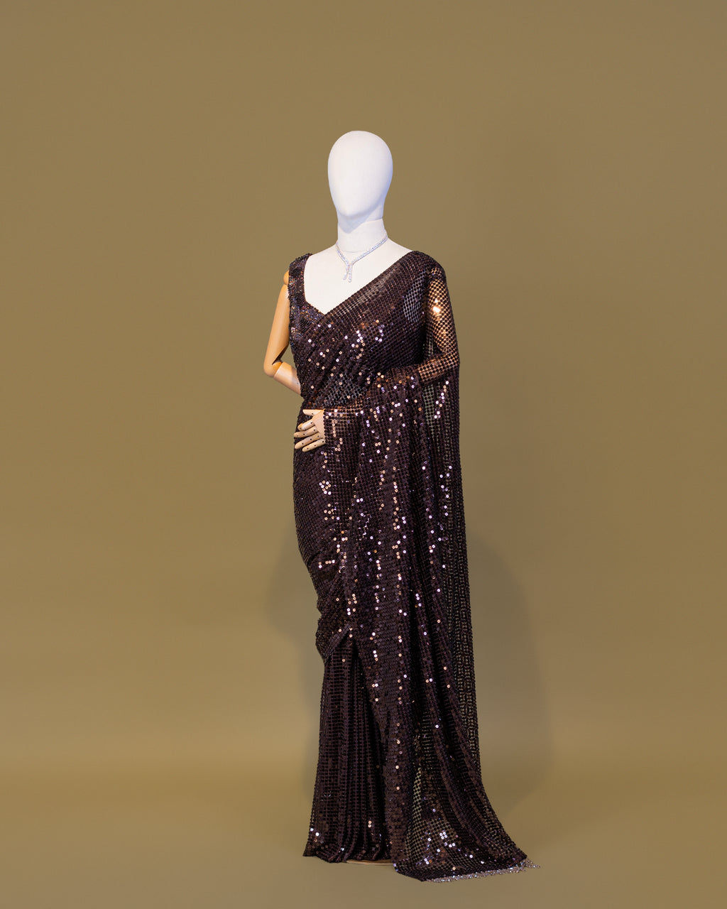 MOCHA BROWN EMBELLISHED SEQUINED MESH SAREE