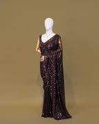 MOCHA BROWN EMBELLISHED SEQUINED MESH SAREE