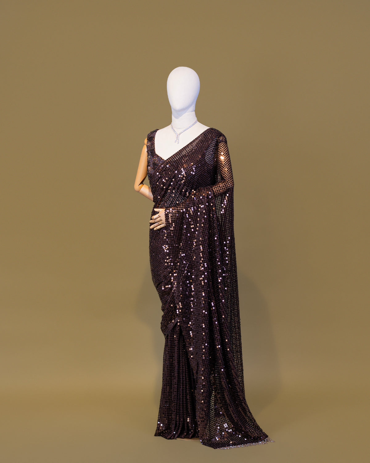MOCHA BROWN EMBELLISHED SEQUINED MESH SAREE