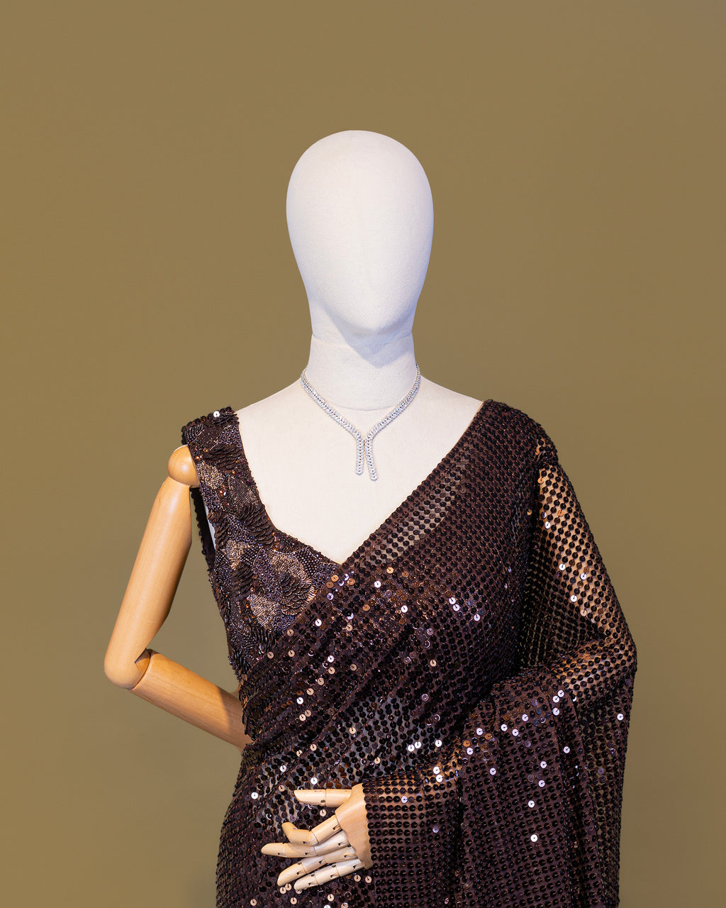 MOCHA BROWN EMBELLISHED SEQUINED MESH SAREE
