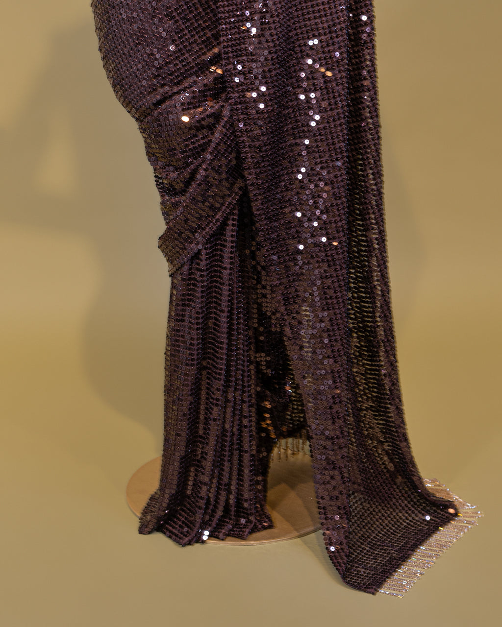 MOCHA BROWN EMBELLISHED SEQUINED MESH SAREE