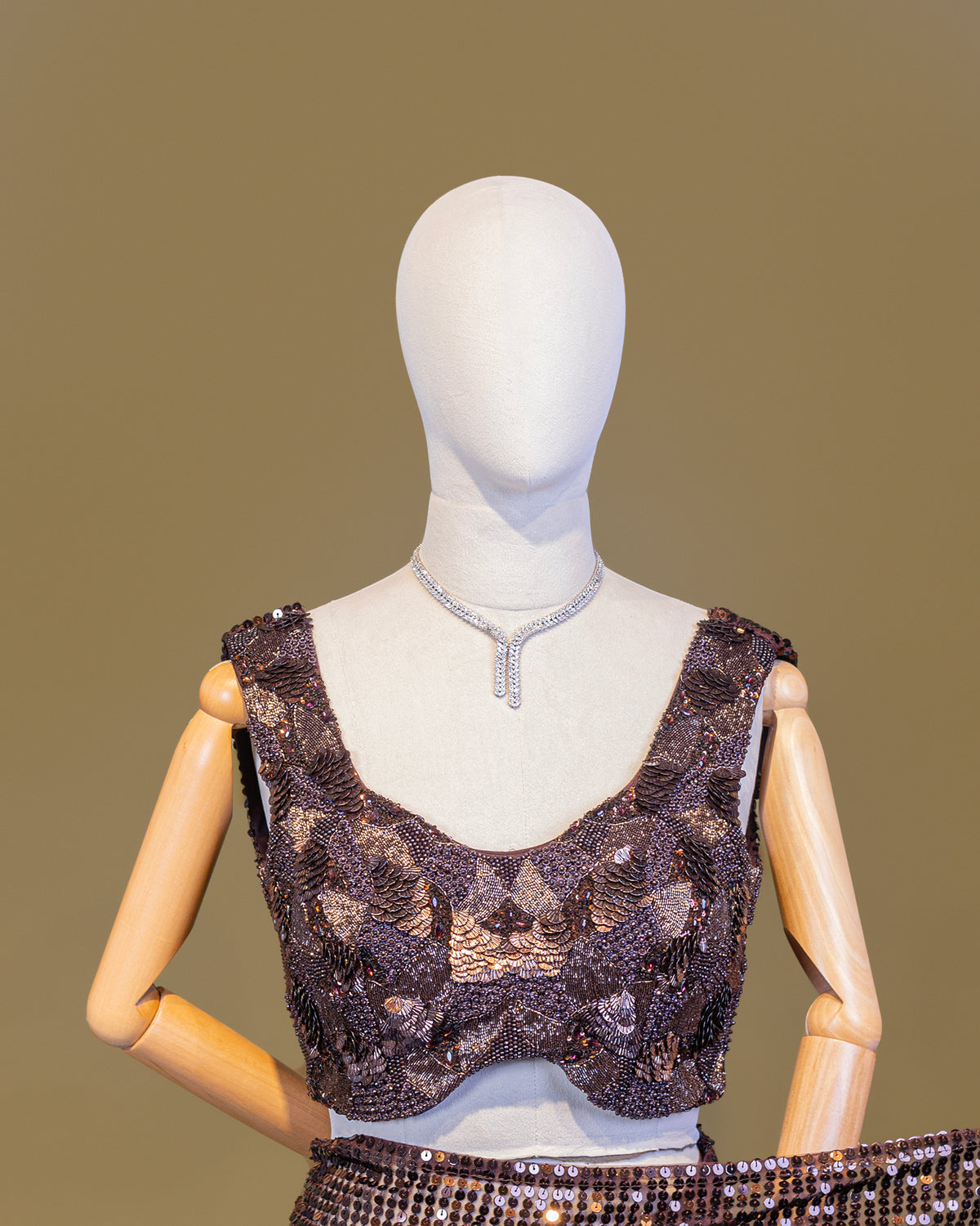 MOCHA BROWN EMBELLISHED SEQUINED MESH SAREE