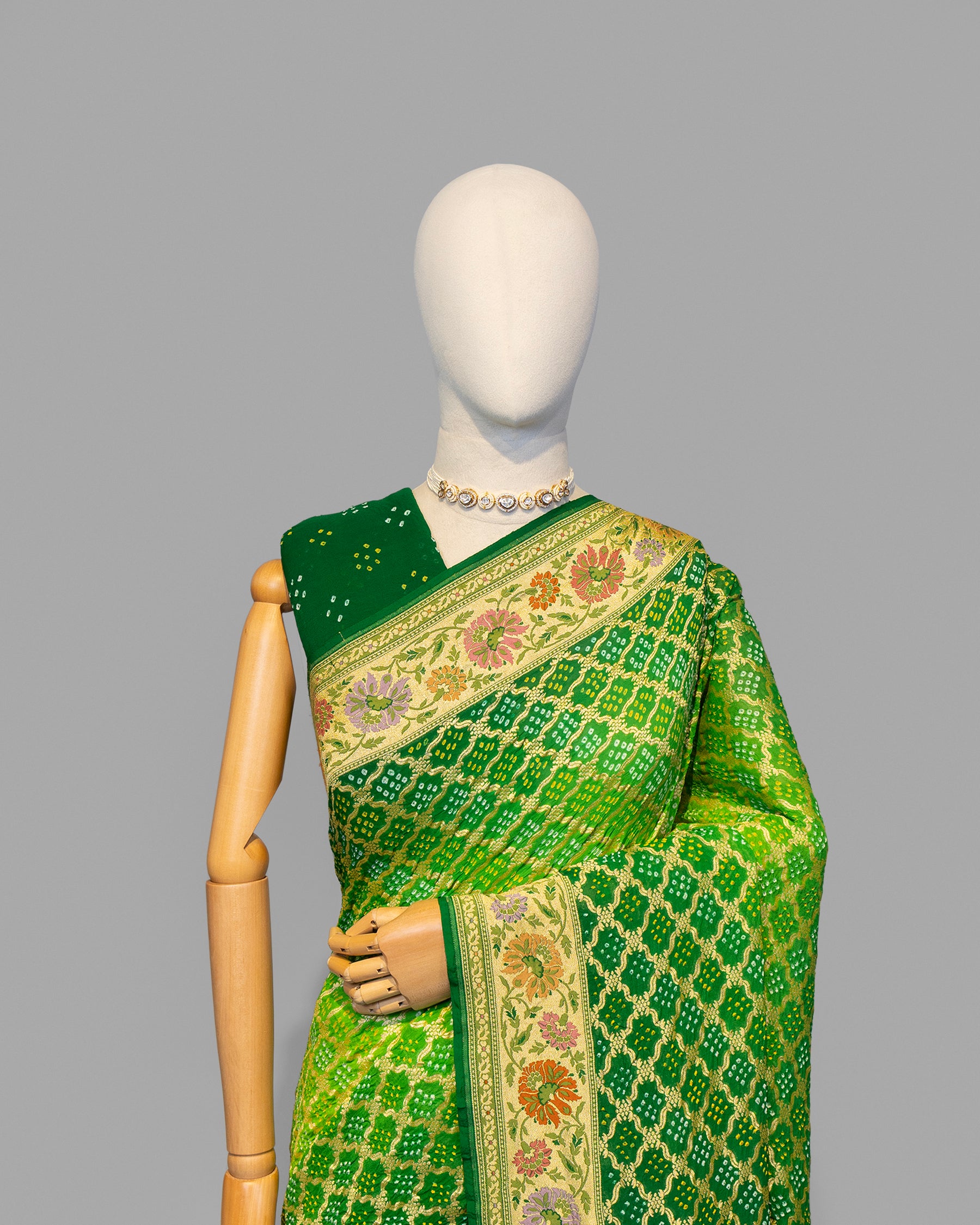 EMERALD GREEN BANDHEJ WITH MEENAKARI BORDER GEORGETTE SAREE