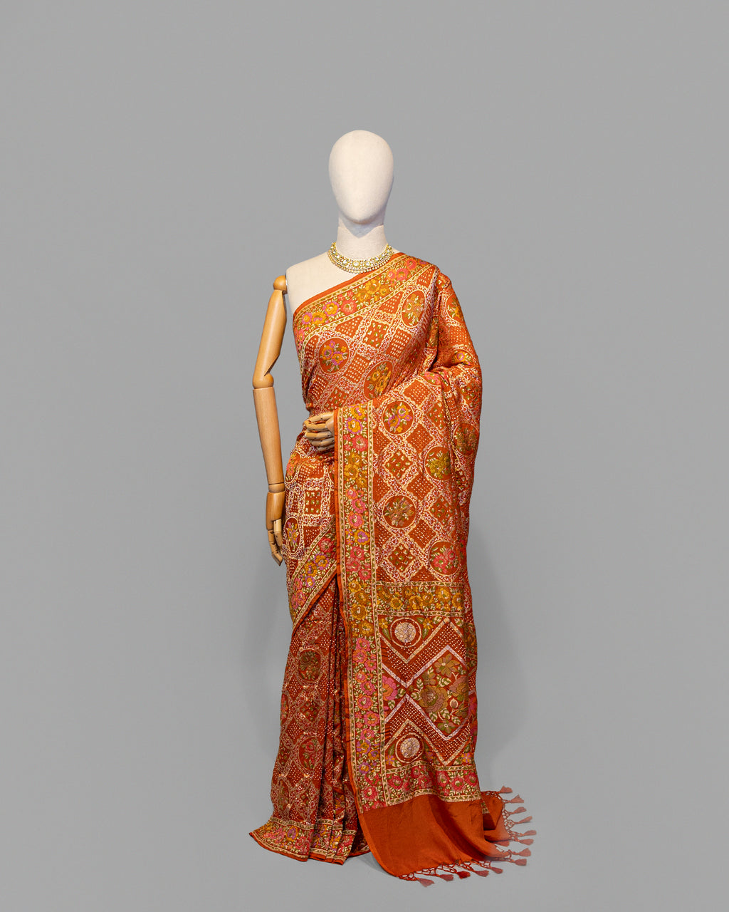 BURNT ORANGE BANARASI ZARI BANDHEJ MEENAKARI SILK SAREE