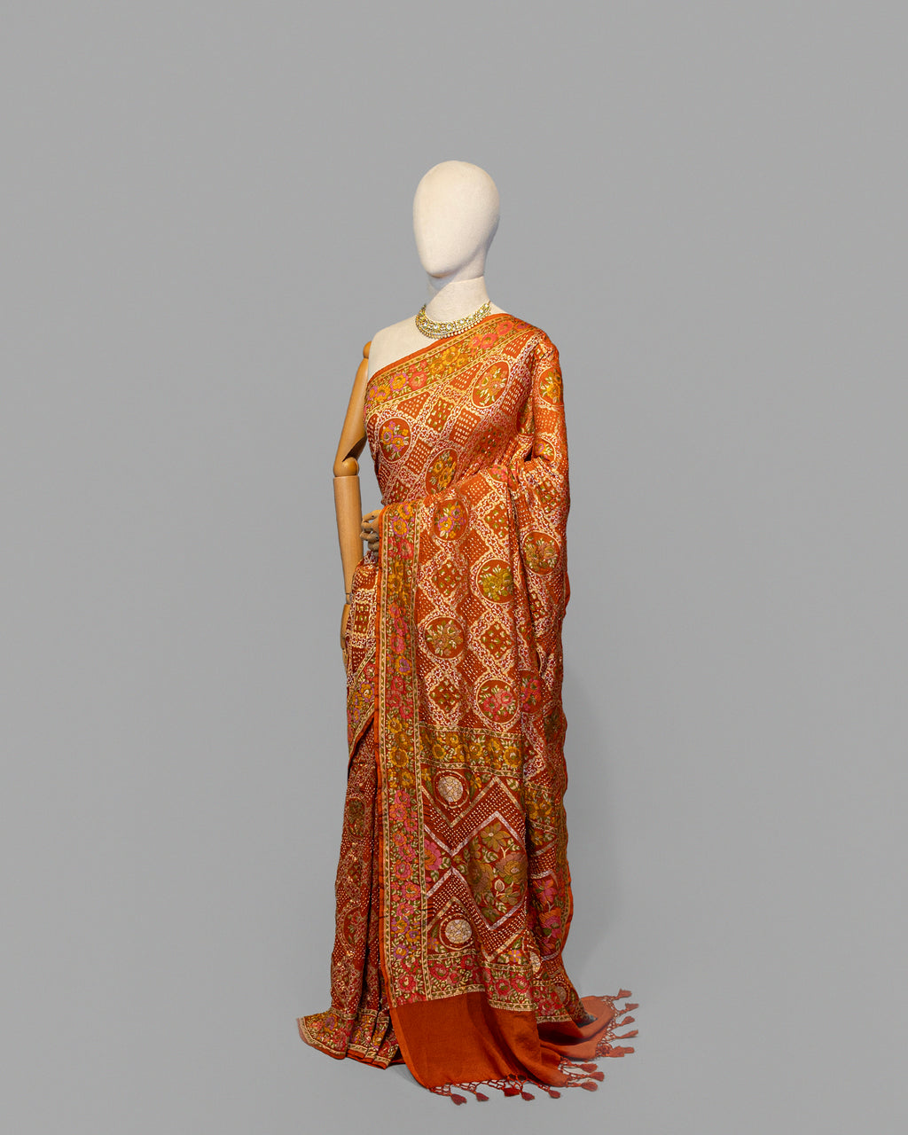 BURNT ORANGE BANARASI ZARI BANDHEJ MEENAKARI SILK SAREE